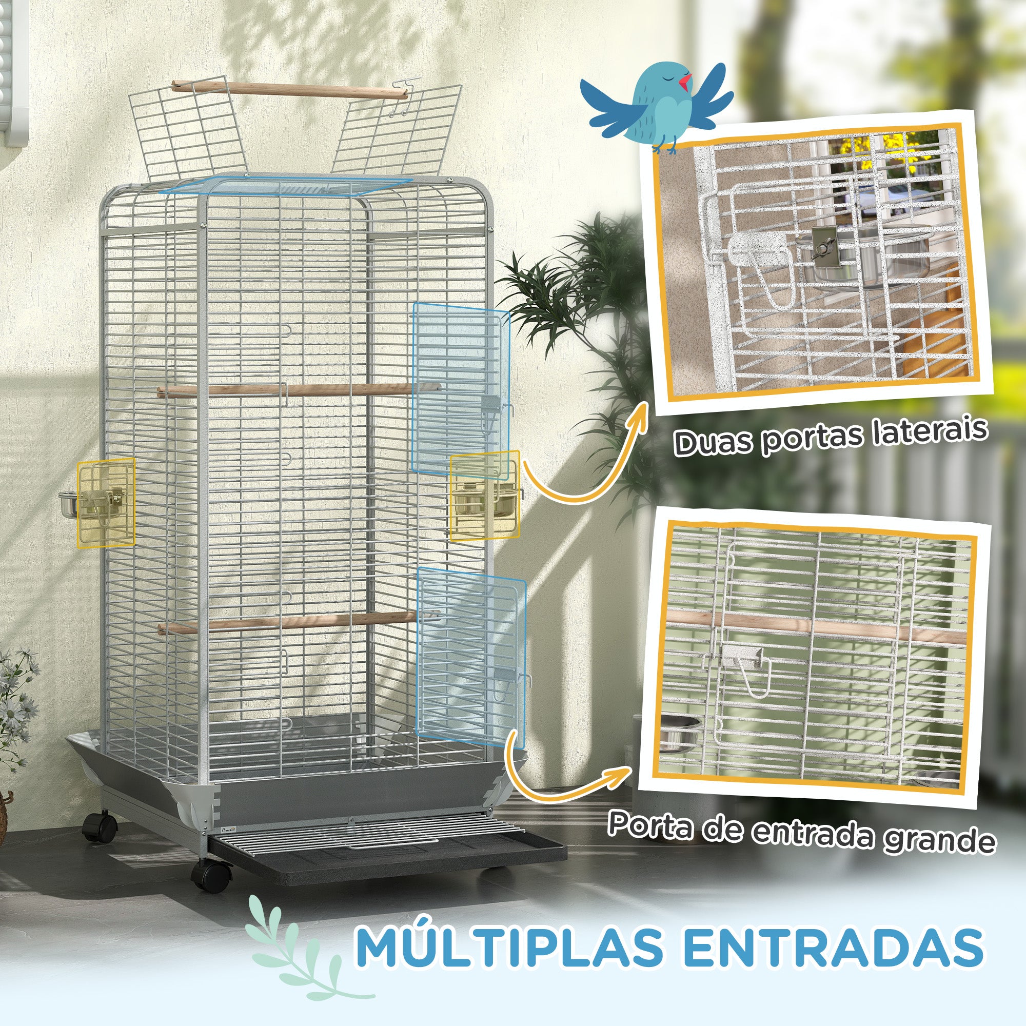 Gaiola para Pássaros com Rodas e Poleiros 79x73x146 cm - Cinza Claro