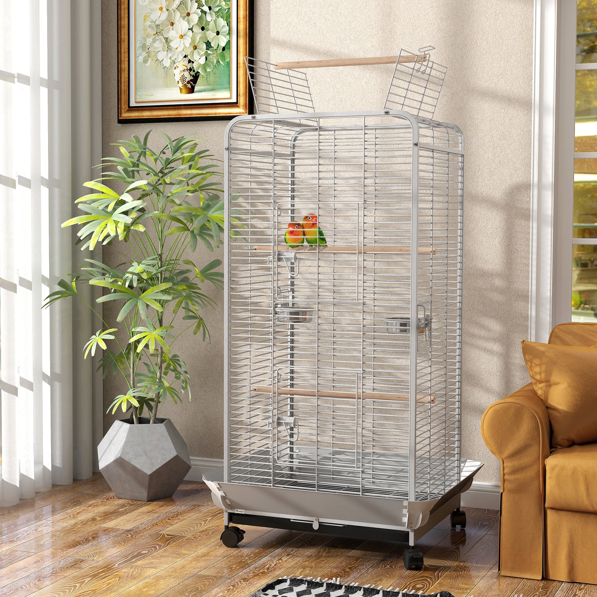 Gaiola para Pássaros com Rodas e Poleiros 79x73x146 cm - Cinza Claro