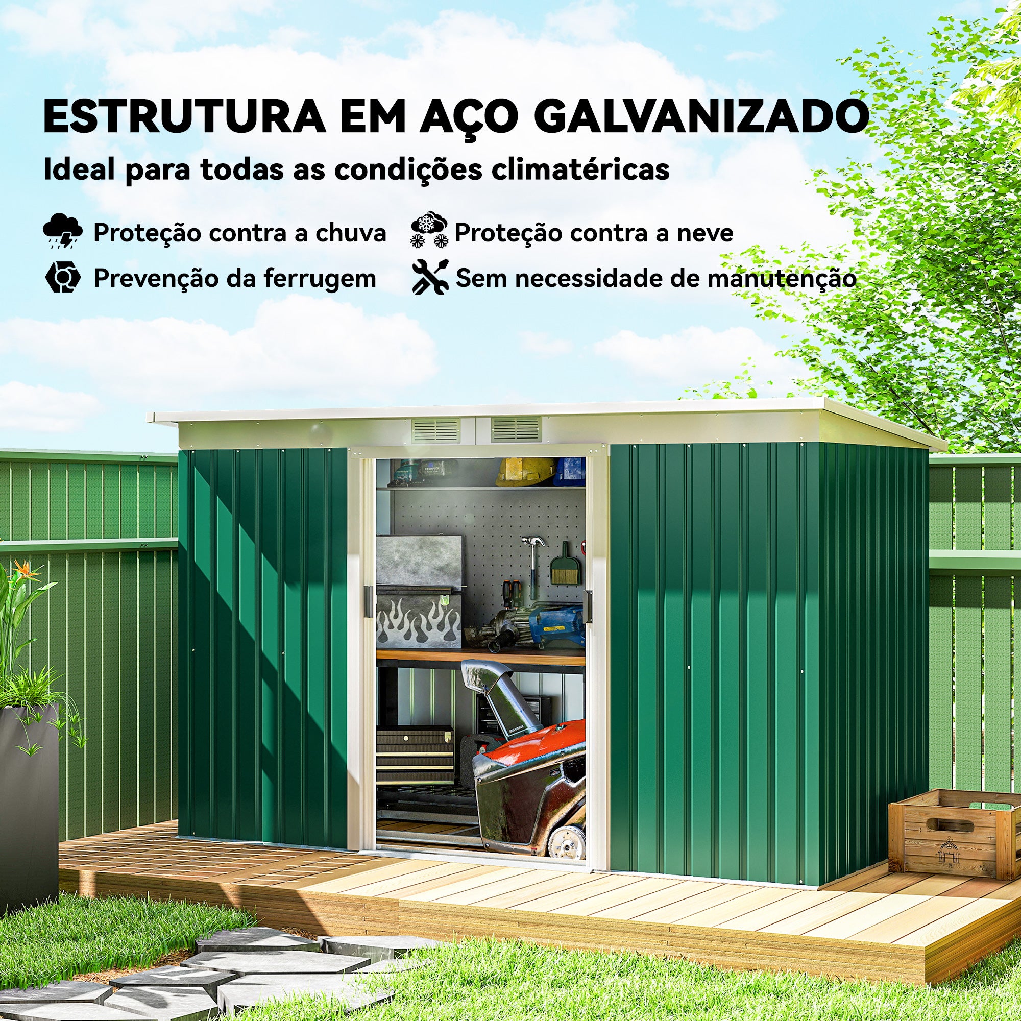 Abrigo de Jardim Verde 280x130x172cm em Aço Galvanizado com Porta Corrediça e Ventilações