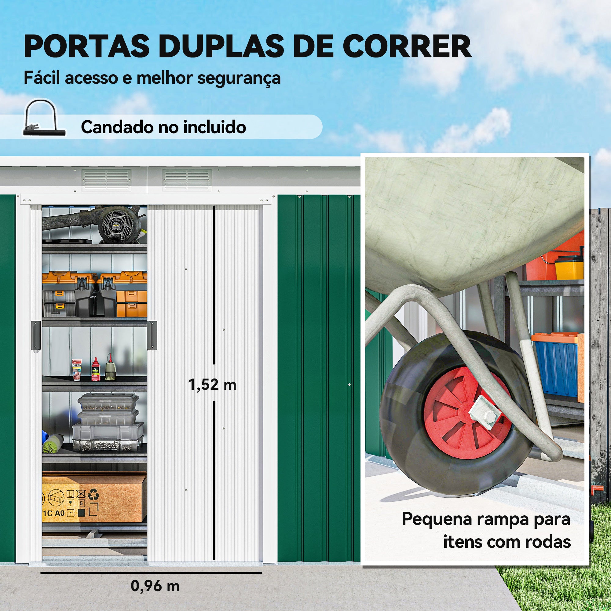 Abrigo de Jardim Verde 280x130x172cm em Aço Galvanizado com Porta Corrediça e Ventilações