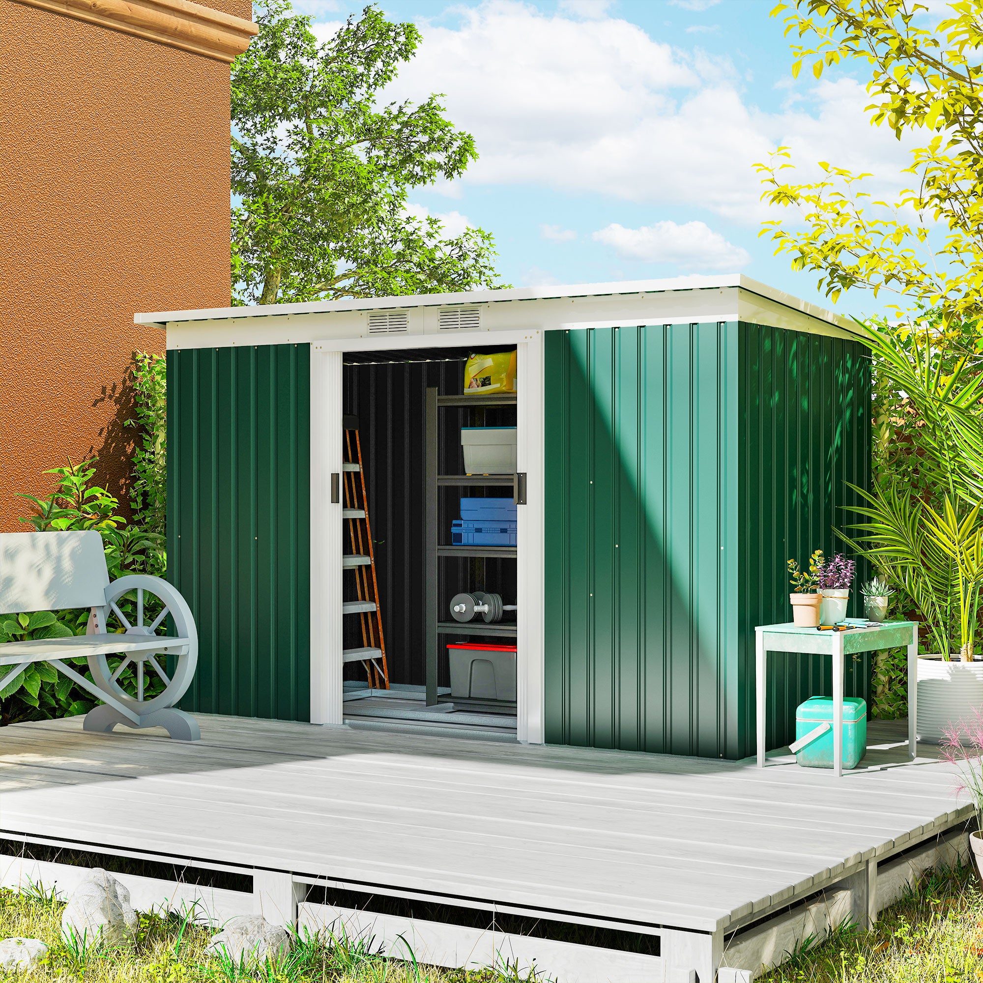 Abrigo de Jardim Verde 280x130x172cm em Aço Galvanizado com Porta Corrediça e Ventilações
