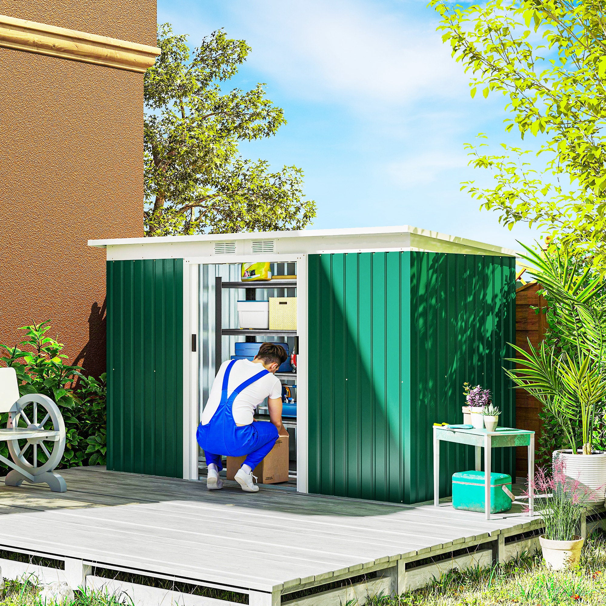 Abrigo de Jardim Verde 280x130x172cm em Aço Galvanizado com Porta Corrediça e Ventilações