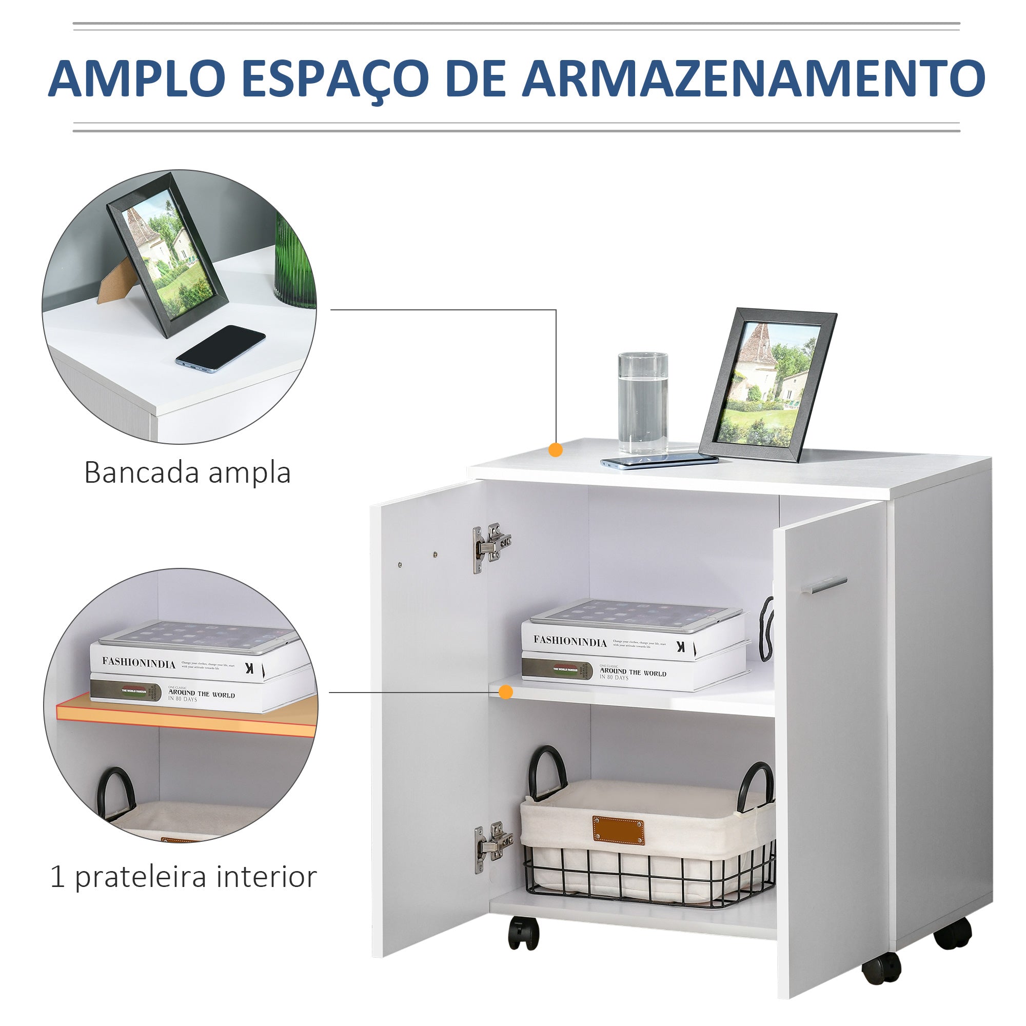 Armário de Armazenamento Moderno com Rodas 60x35x65cm - Branco
