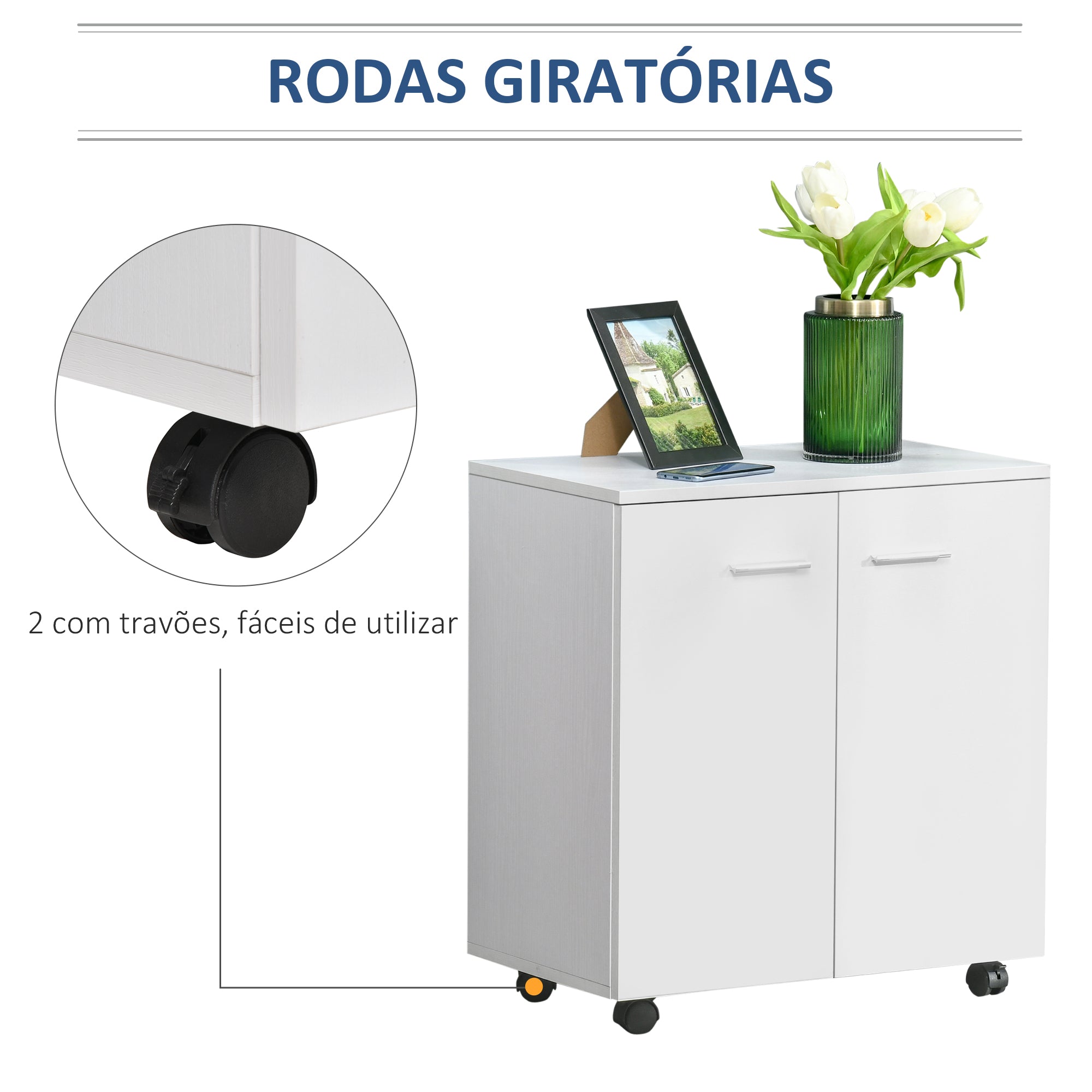 Armário de Armazenamento Moderno com Rodas 60x35x65cm - Branco