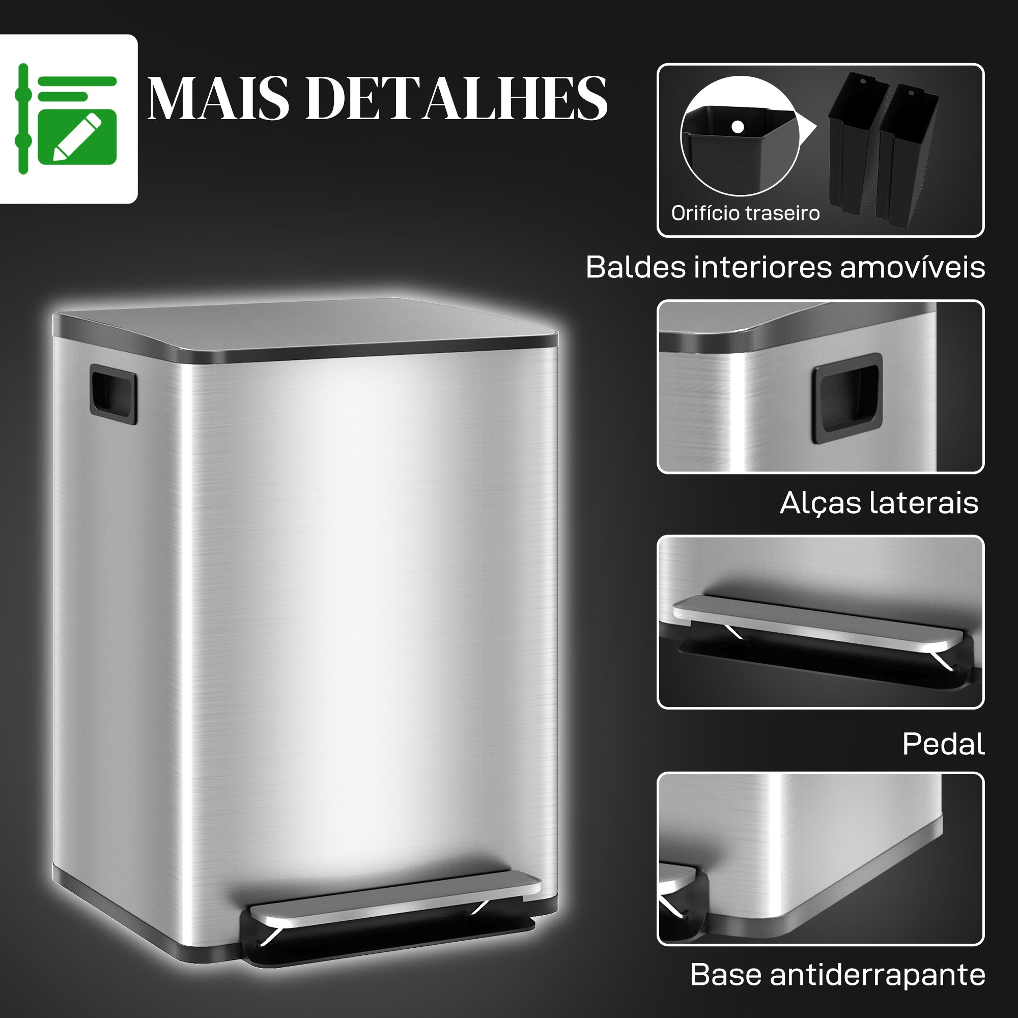 Balde de Lixo de Cozinha 2 Compartimentos 2x20L Aço Inoxidável Prata 41,8x36,7x58 cm
