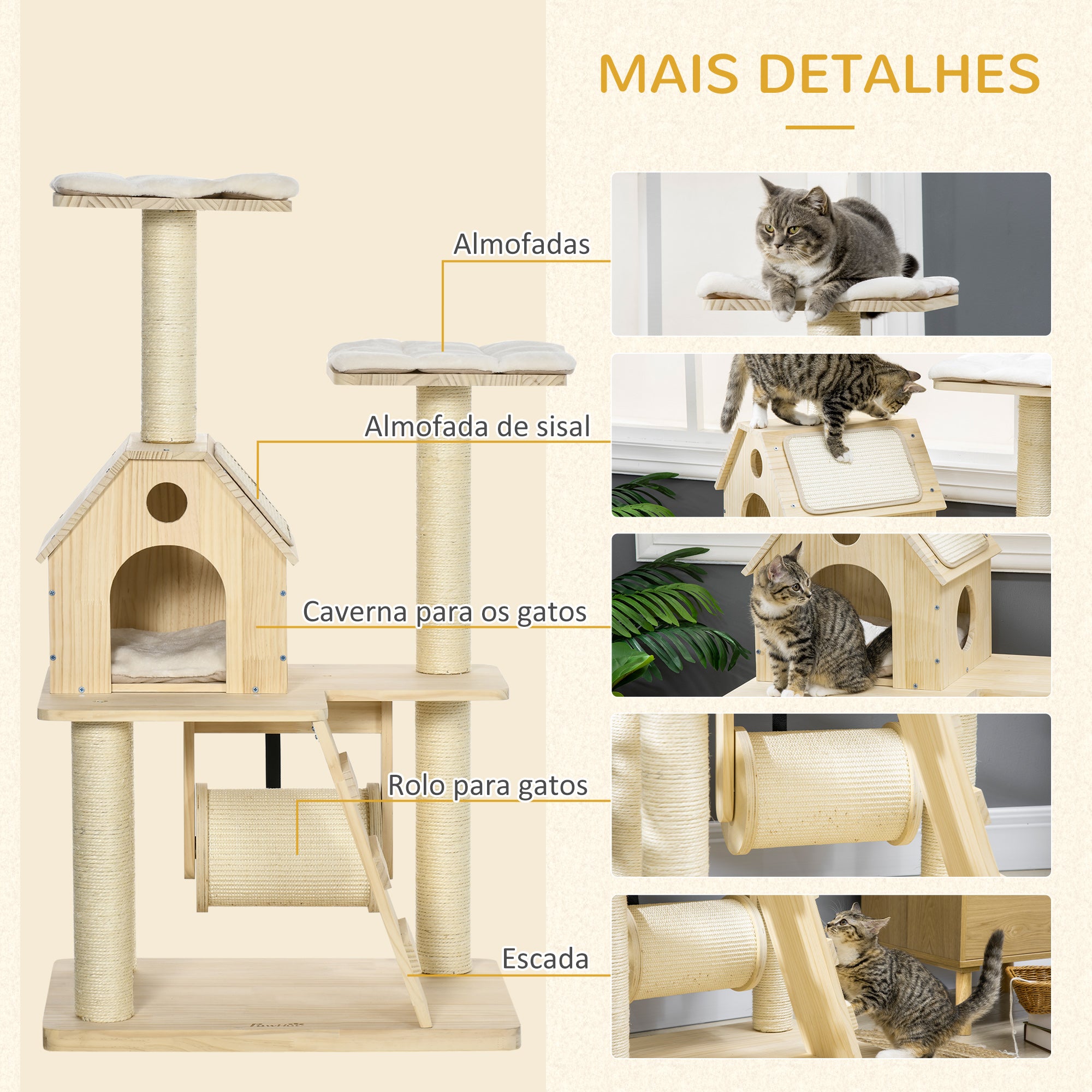 Árvore Arranhador para Gatos 70x50x125cm Cor de Madeira Natural