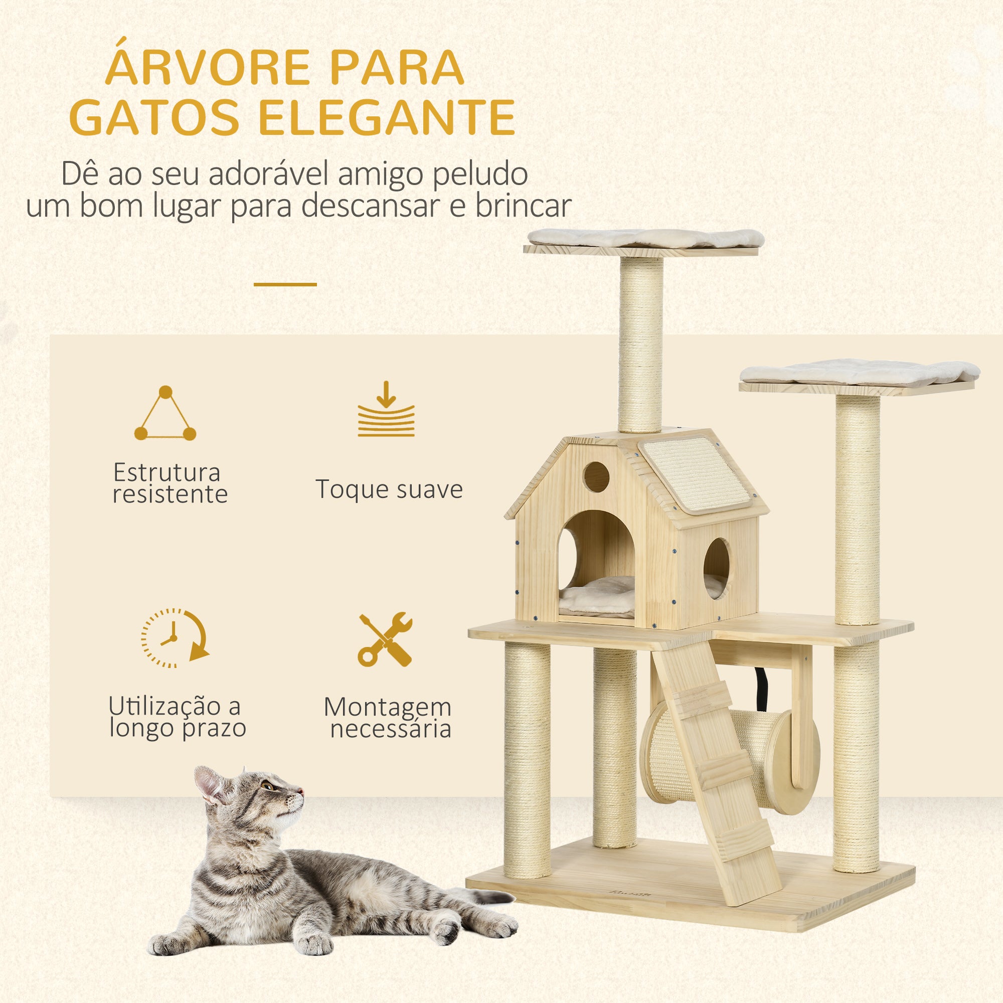 Árvore Arranhador para Gatos 70x50x125cm Cor de Madeira Natural