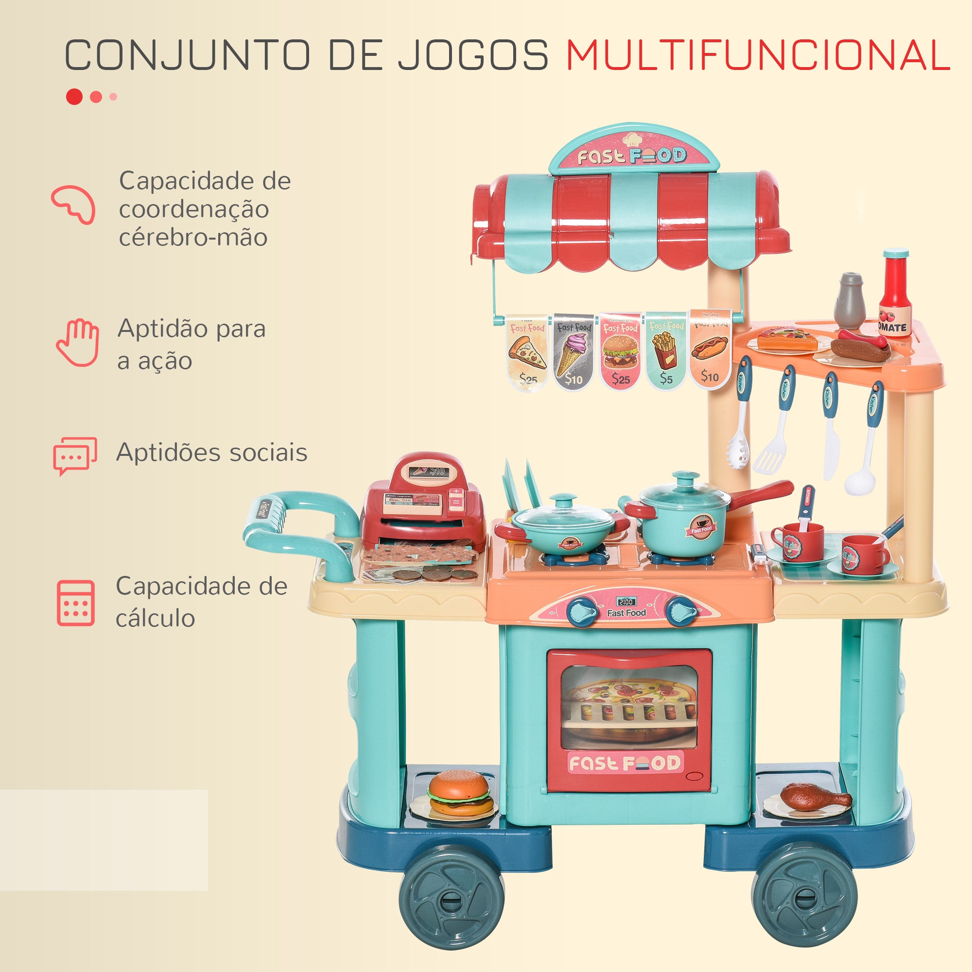 Cozinha de Brinquedo Multicolor 79,5x33x90,5 cm para Crianças de 3 a 6 Anos