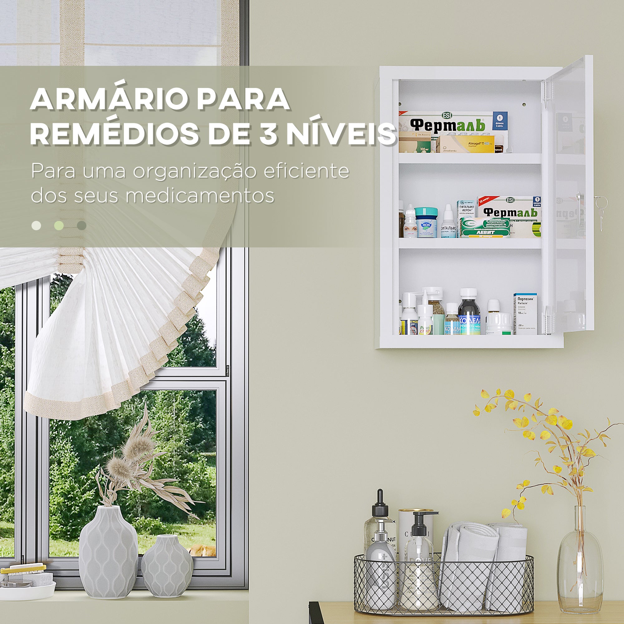 Armário de Farmácia de Parede em Aço com 3 Prateleiras - Branco 30x14x46 cm