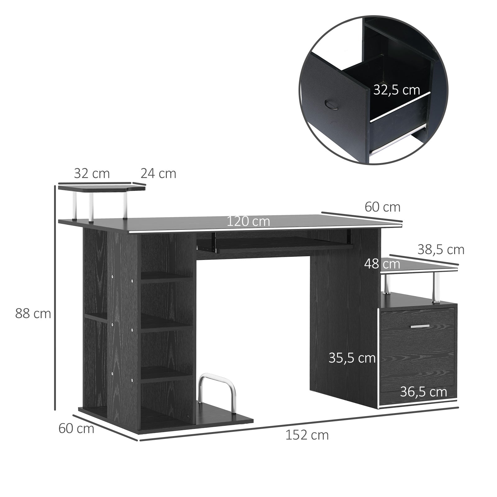 Secretária para Computador - 152 x 60 x 88 cm - Cor Negro