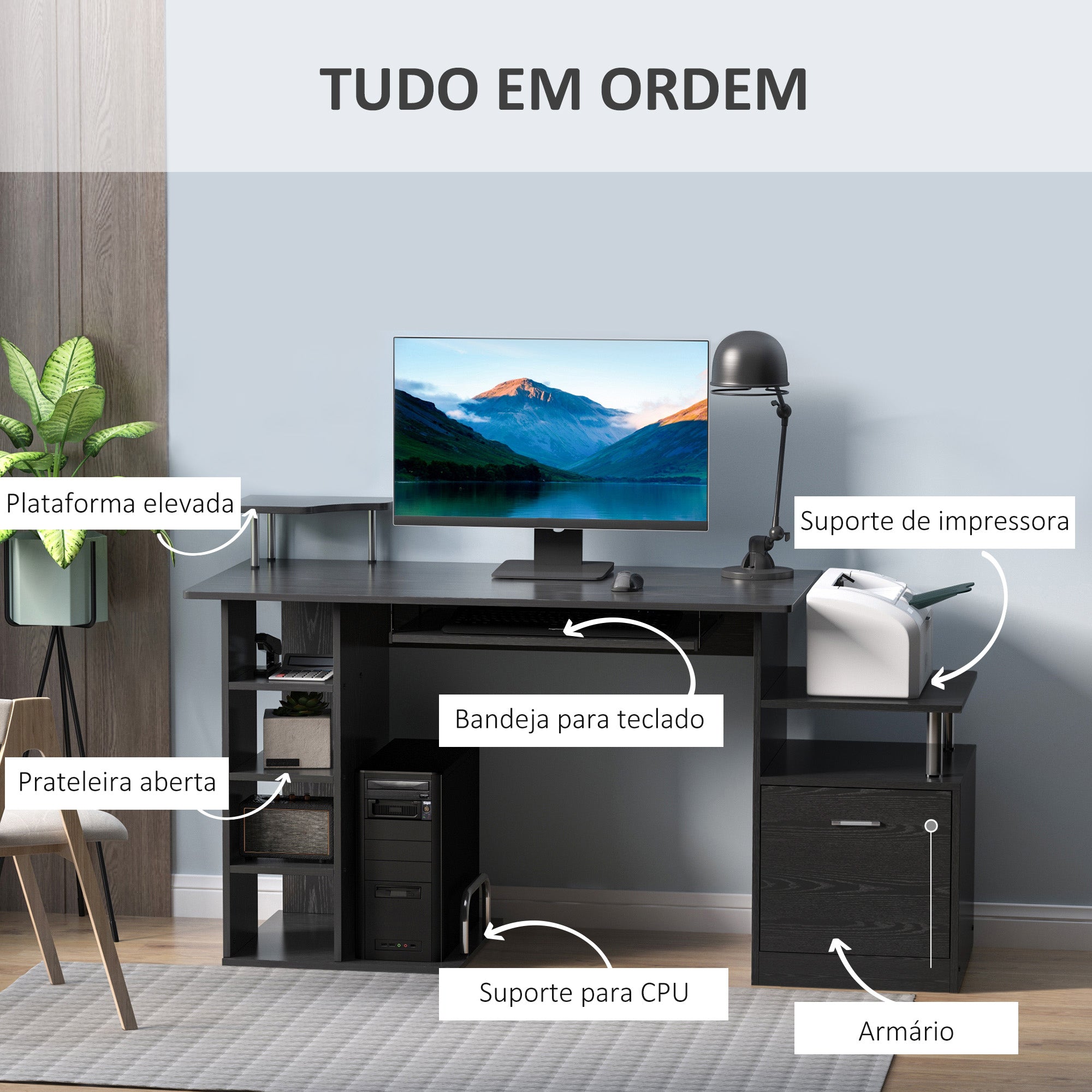 Secretária para Computador - 152 x 60 x 88 cm - Cor Negro