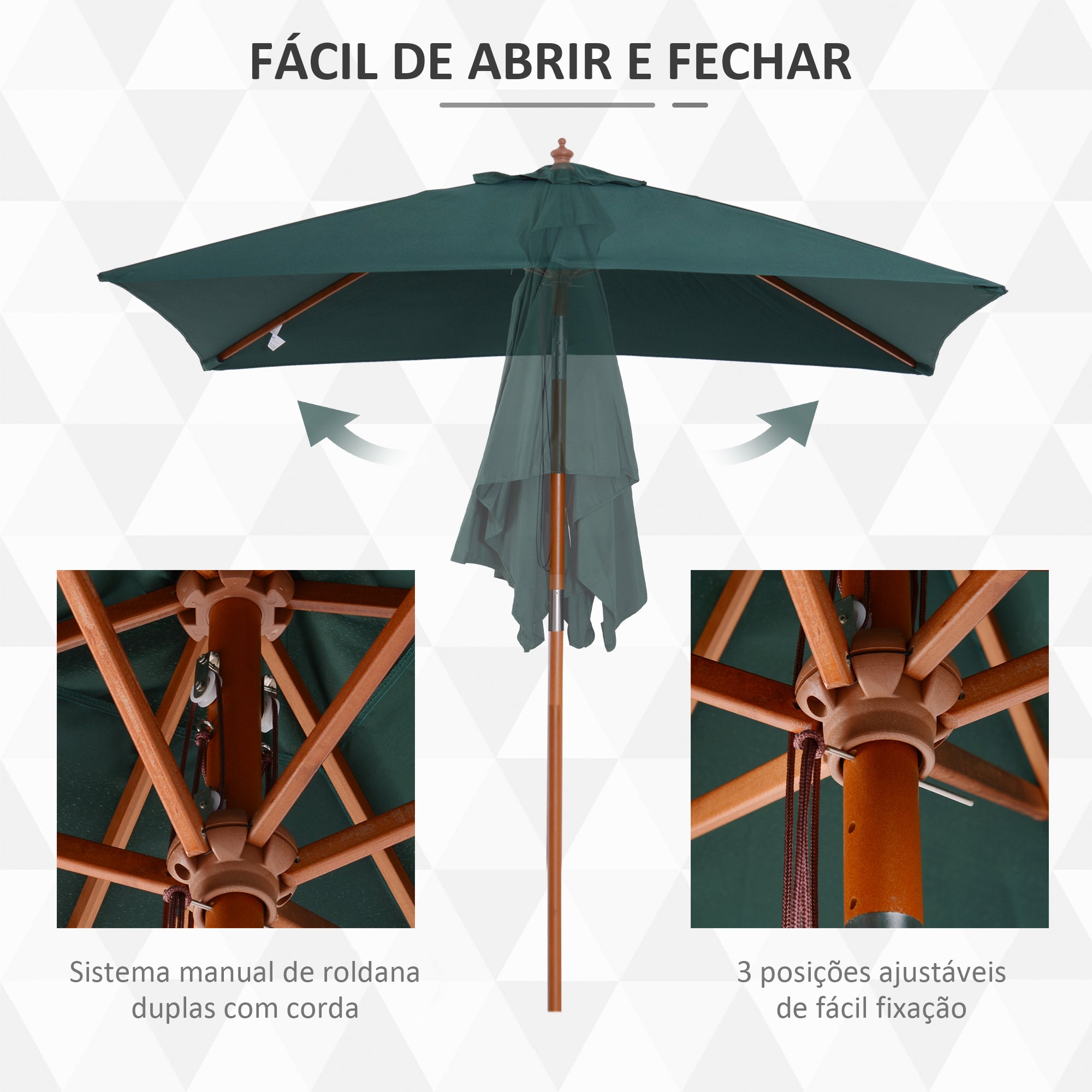 Chapéu de Sol Retangular – 200x150x230 cm – Verde – Madeira de Álamo