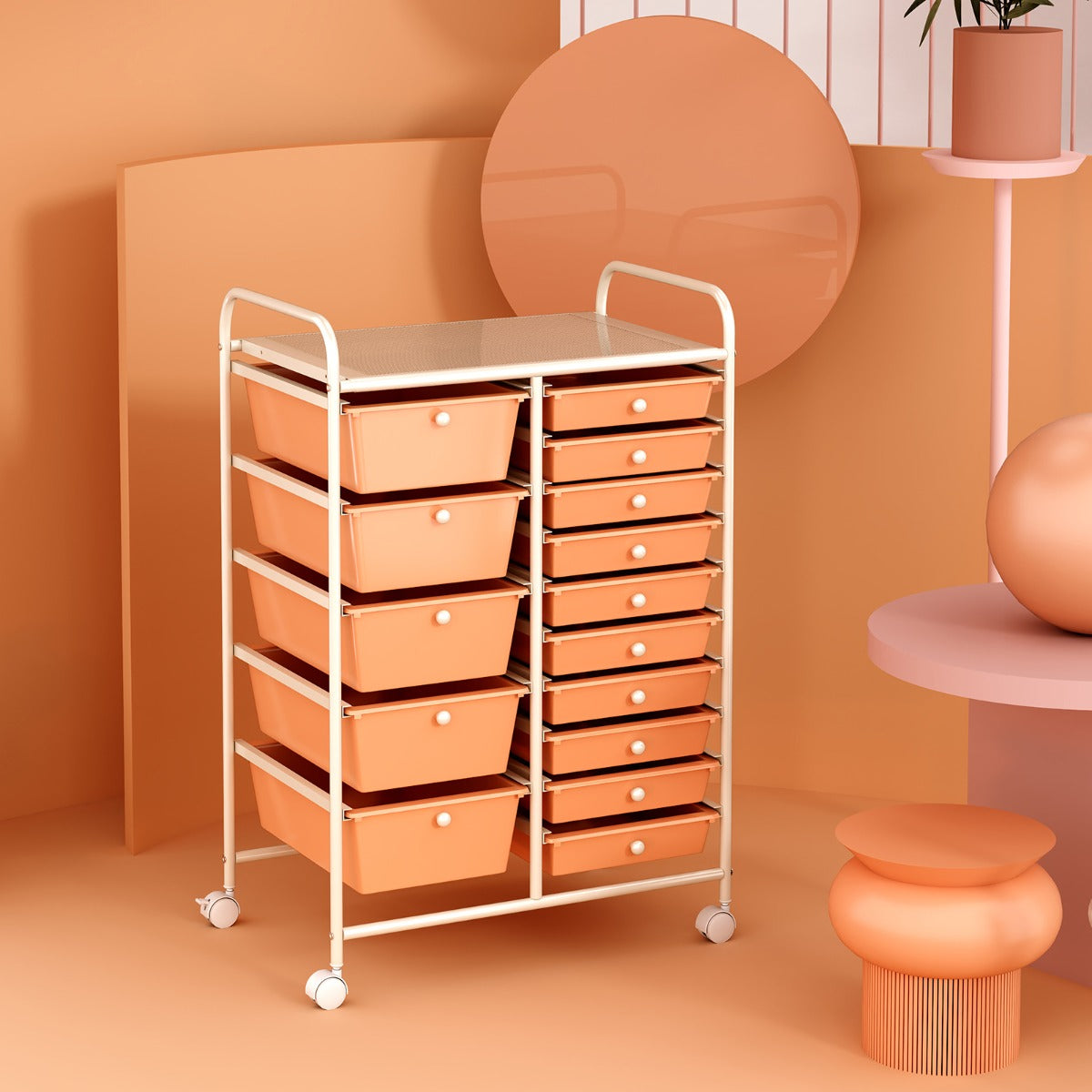 Carro de Armazenamento com 15 Gavetas Desmontáveis e Rodas Bloqueáveis 63 x 37 x 87cm Cor-de-Rosa Claro