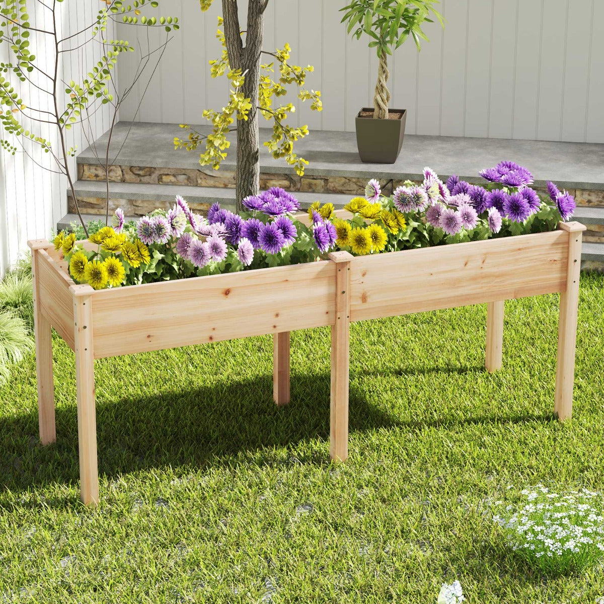 Cama de Jardim Elevada com Separador 8 Orifícios de Drenagem para Vegetais e Flores para Pátio Terraço 184 x 58 x 77 cm Natural