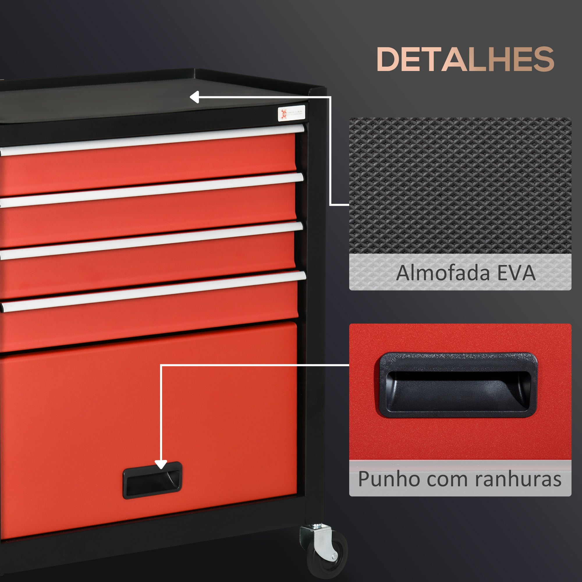 Carrinho de Ferramentas Móvel com Rodas 4 Gavetas 69x33x75cm Preto e Vermelho