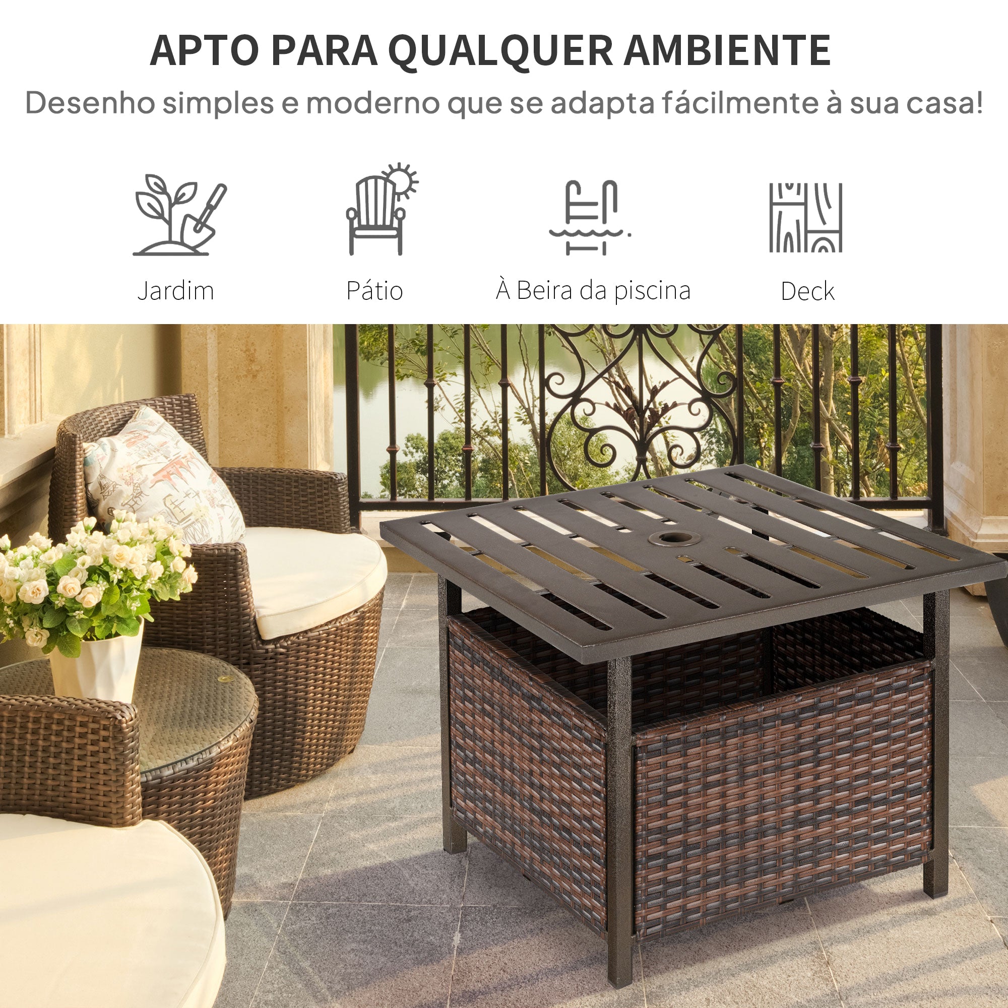 Base para Guarda-Sol com Mesa Lateral de Vime em Aço para Terraço/Jardim - 55,5x55,5x46 cm - Marrom