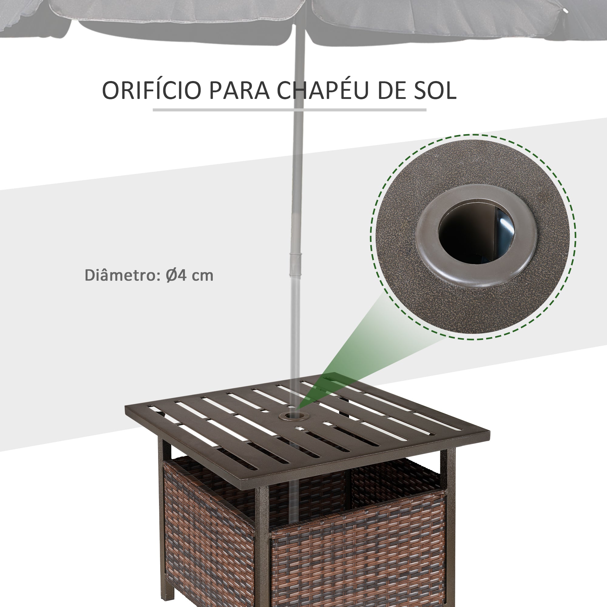 Base para Guarda-Sol com Mesa Lateral de Vime em Aço para Terraço/Jardim - 55,5x55,5x46 cm - Marrom