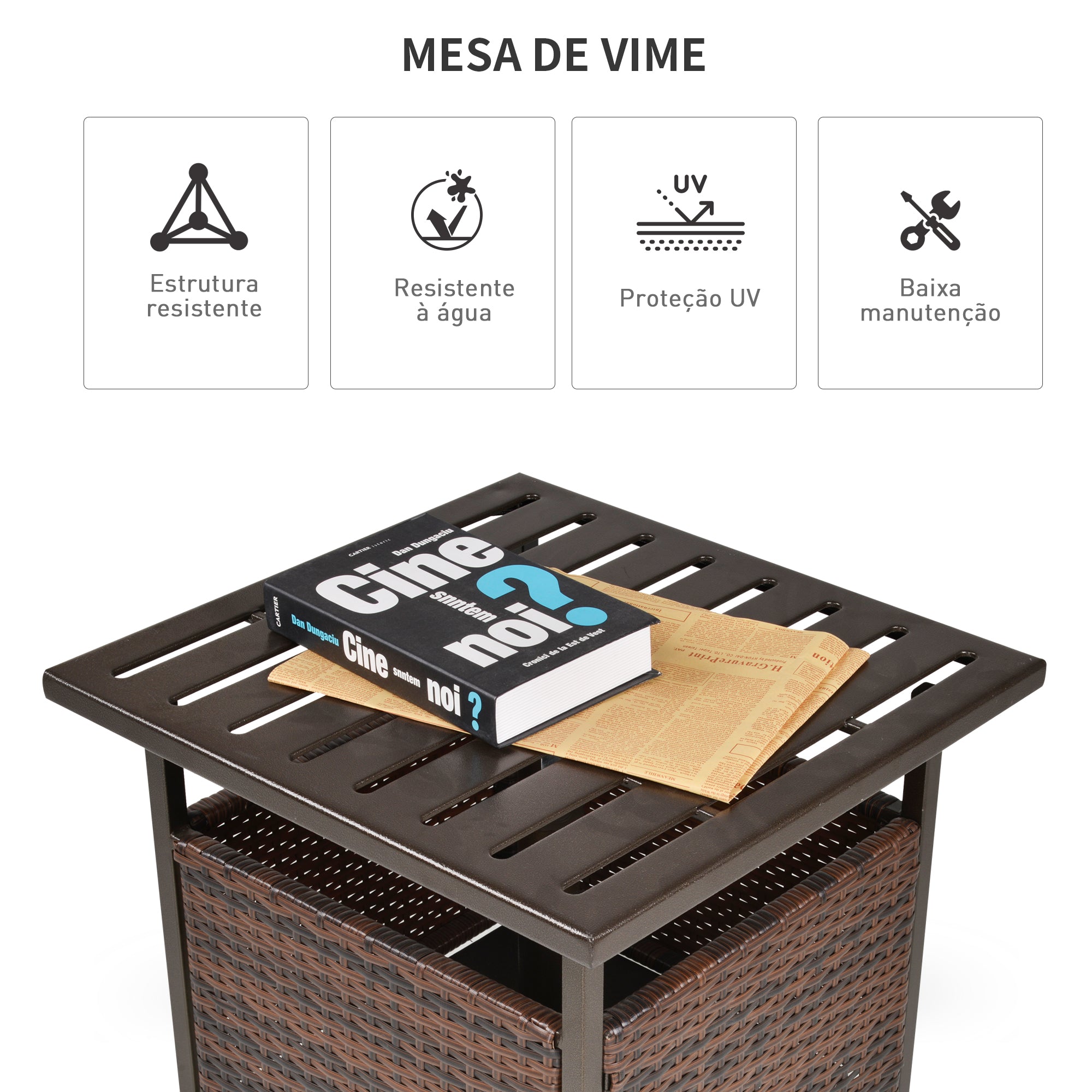 Base para Guarda-Sol com Mesa Lateral de Vime em Aço para Terraço/Jardim - 55,5x55,5x46 cm - Marrom