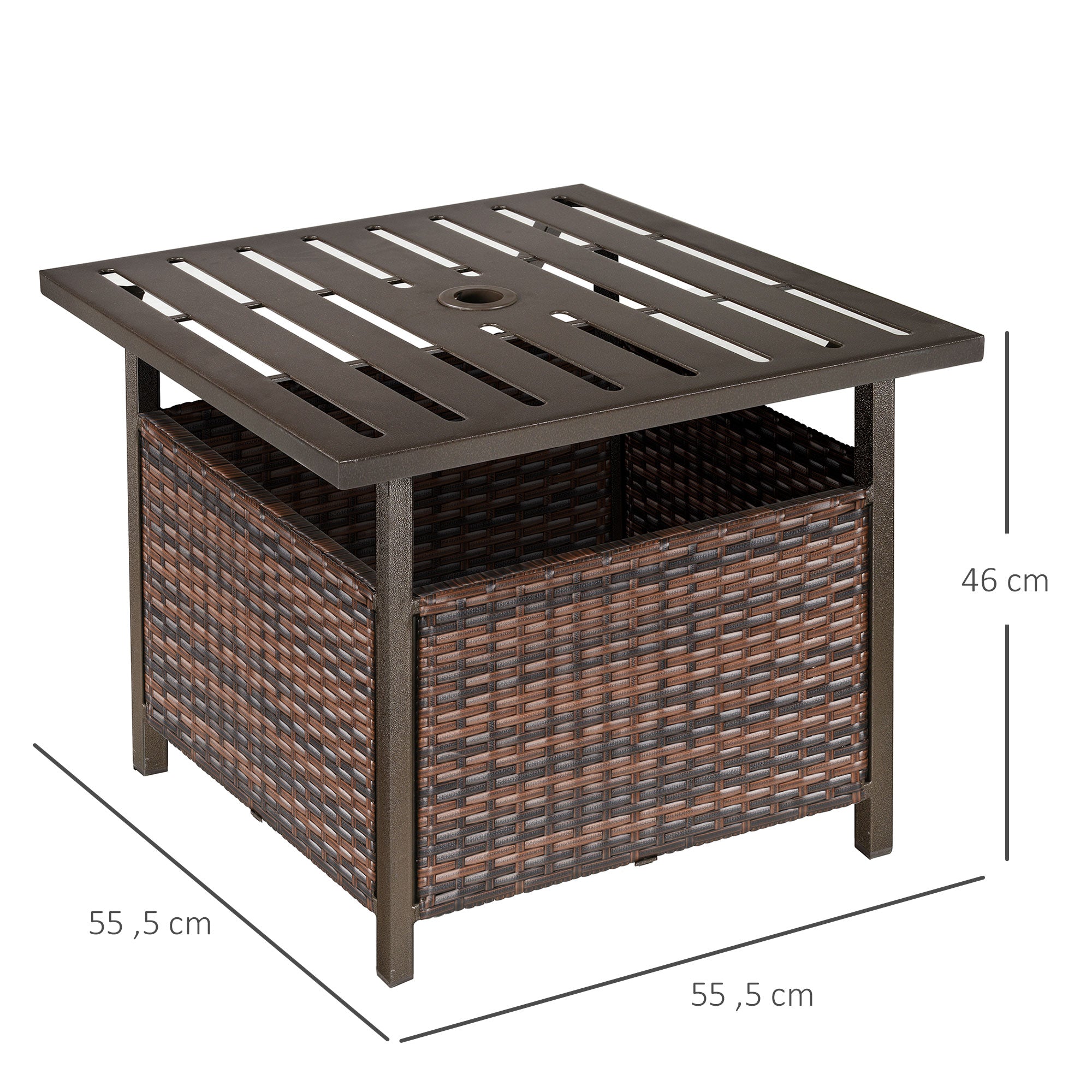 Base para Guarda-Sol com Mesa Lateral de Vime em Aço para Terraço/Jardim - 55,5x55,5x46 cm - Marrom