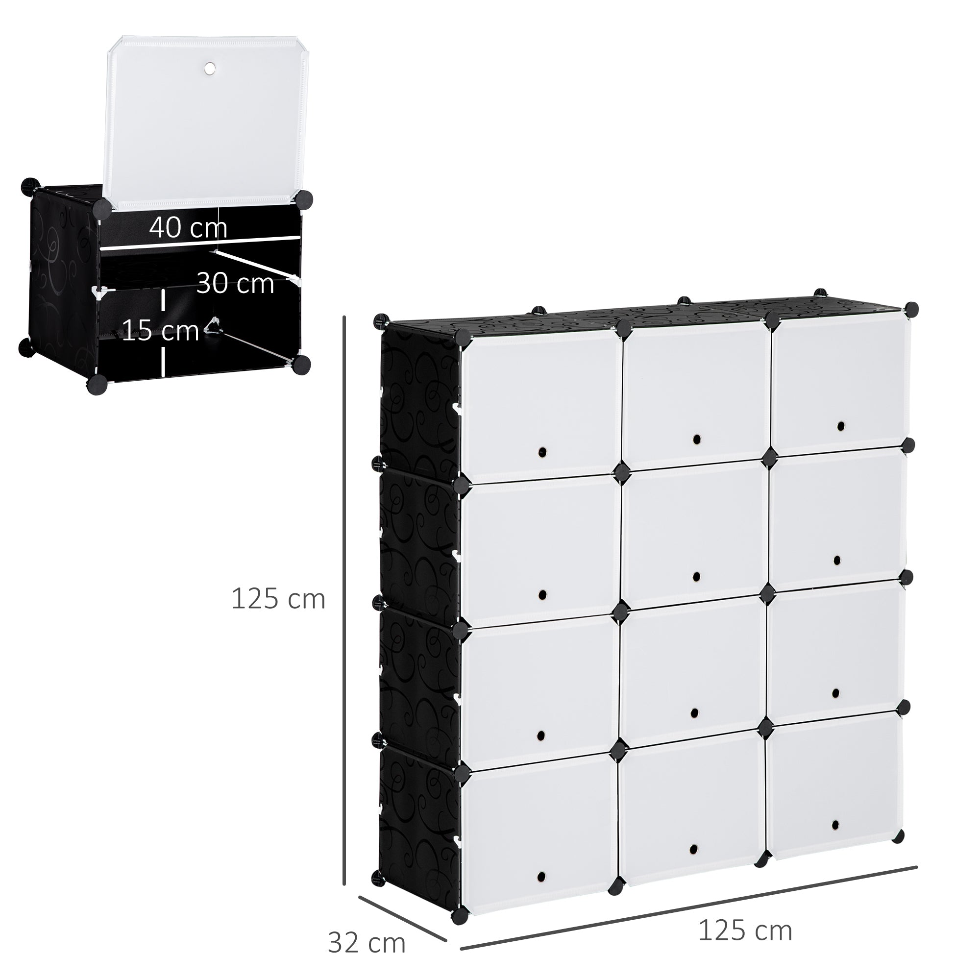 Armário Modular de Plástico com 12 Cubos 125x32x125cm - Branco e Preto