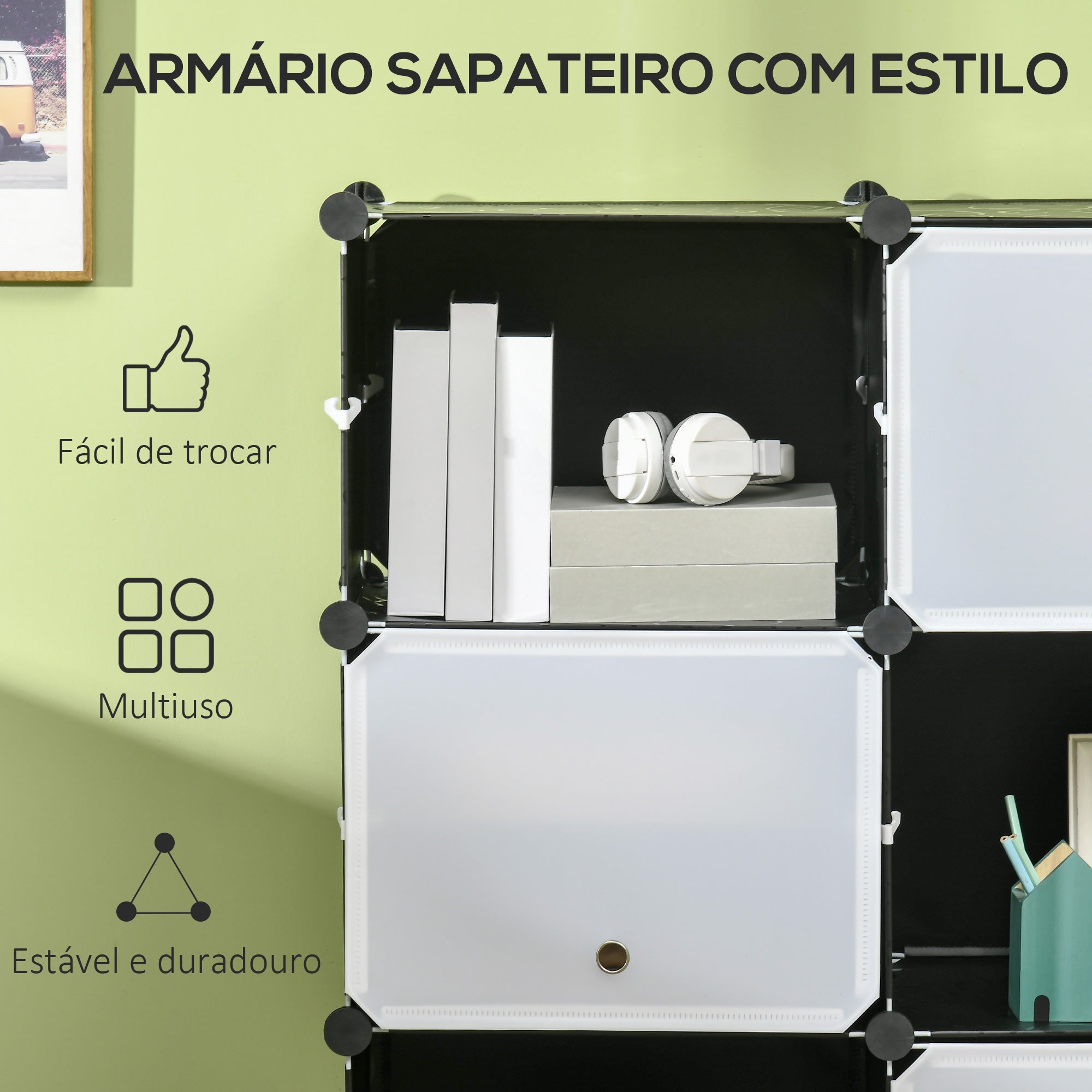 Armário Modular de Plástico com 12 Cubos 125x32x125cm - Branco e Preto