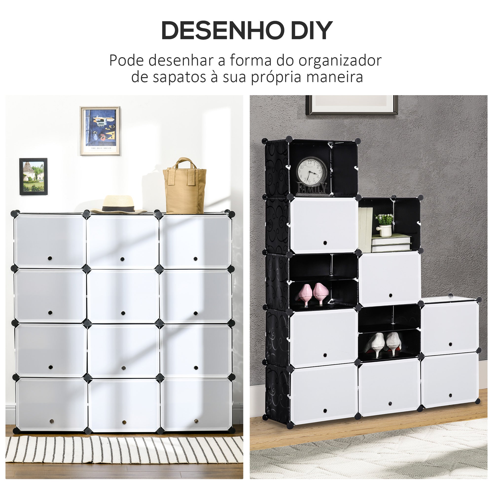 Armário Modular de Plástico com 12 Cubos 125x32x125cm - Branco e Preto