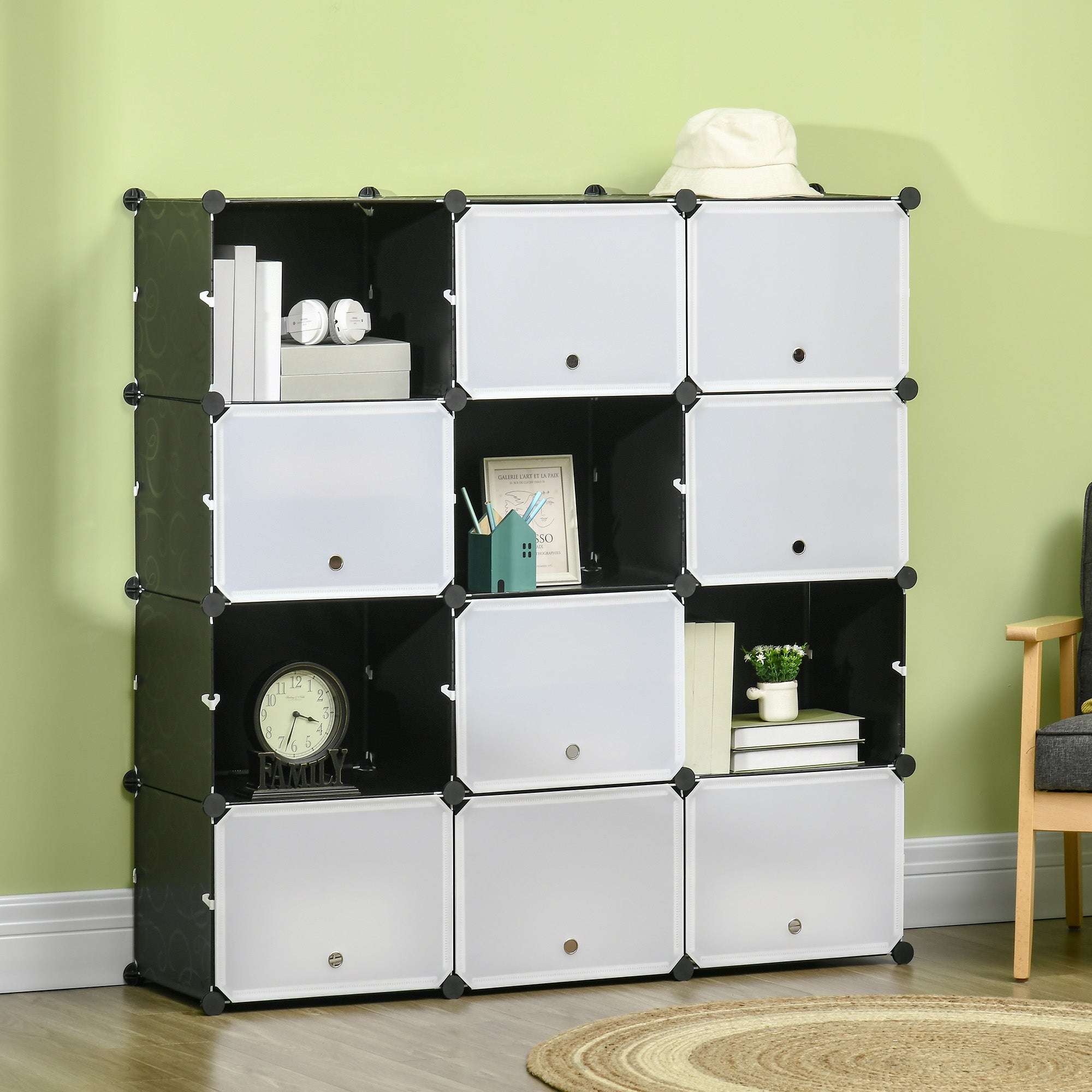 Armário Modular de Plástico com 12 Cubos 125x32x125cm - Branco e Preto