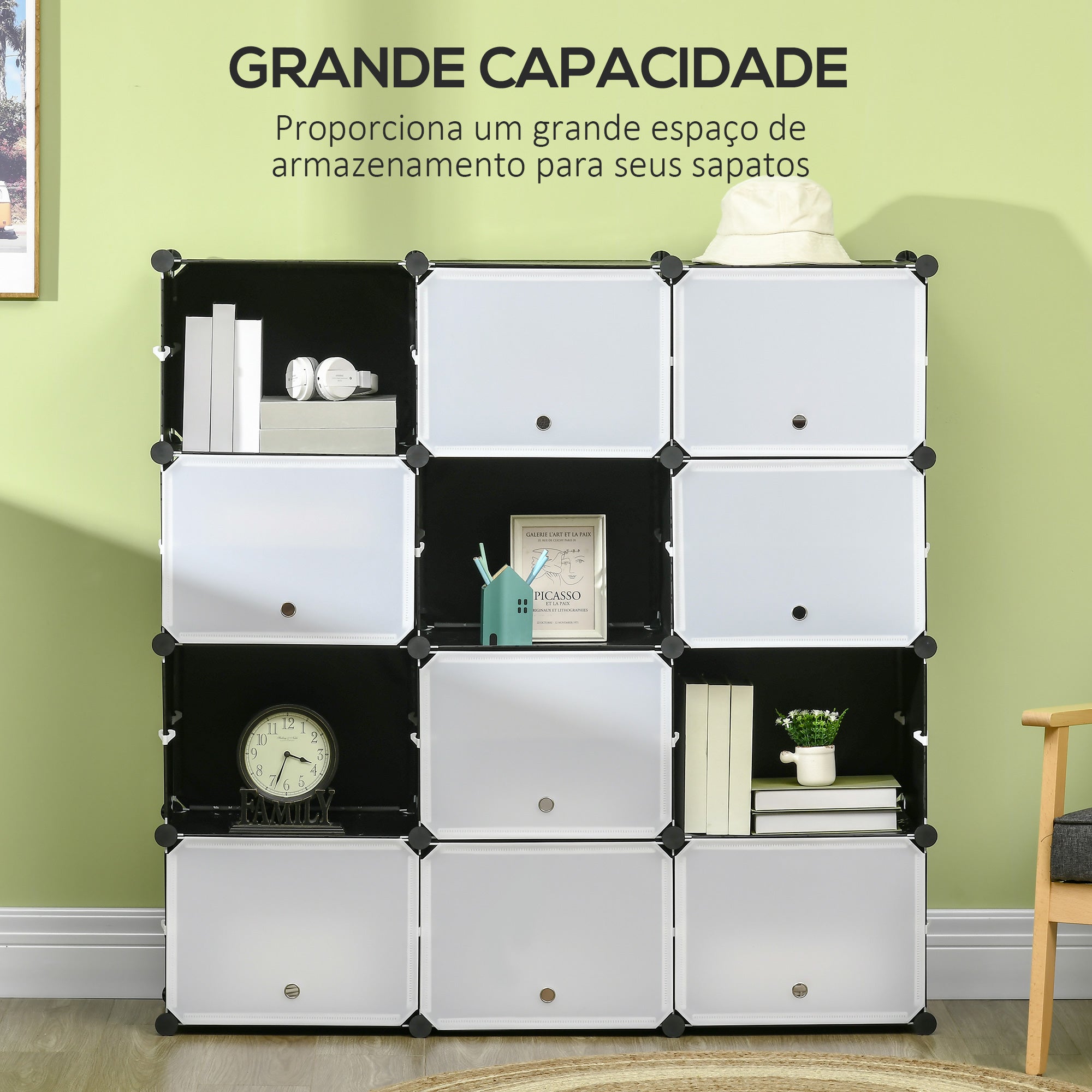 Armário Modular de Plástico com 12 Cubos 125x32x125cm - Branco e Preto