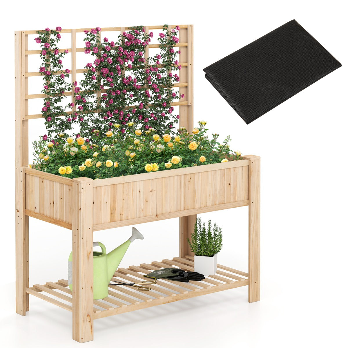 Cama Elevada de Jardim em Madeira com Floreira de 2 Níveis com Treliça para Plantas Trepadeiras Horto Independente Natural
