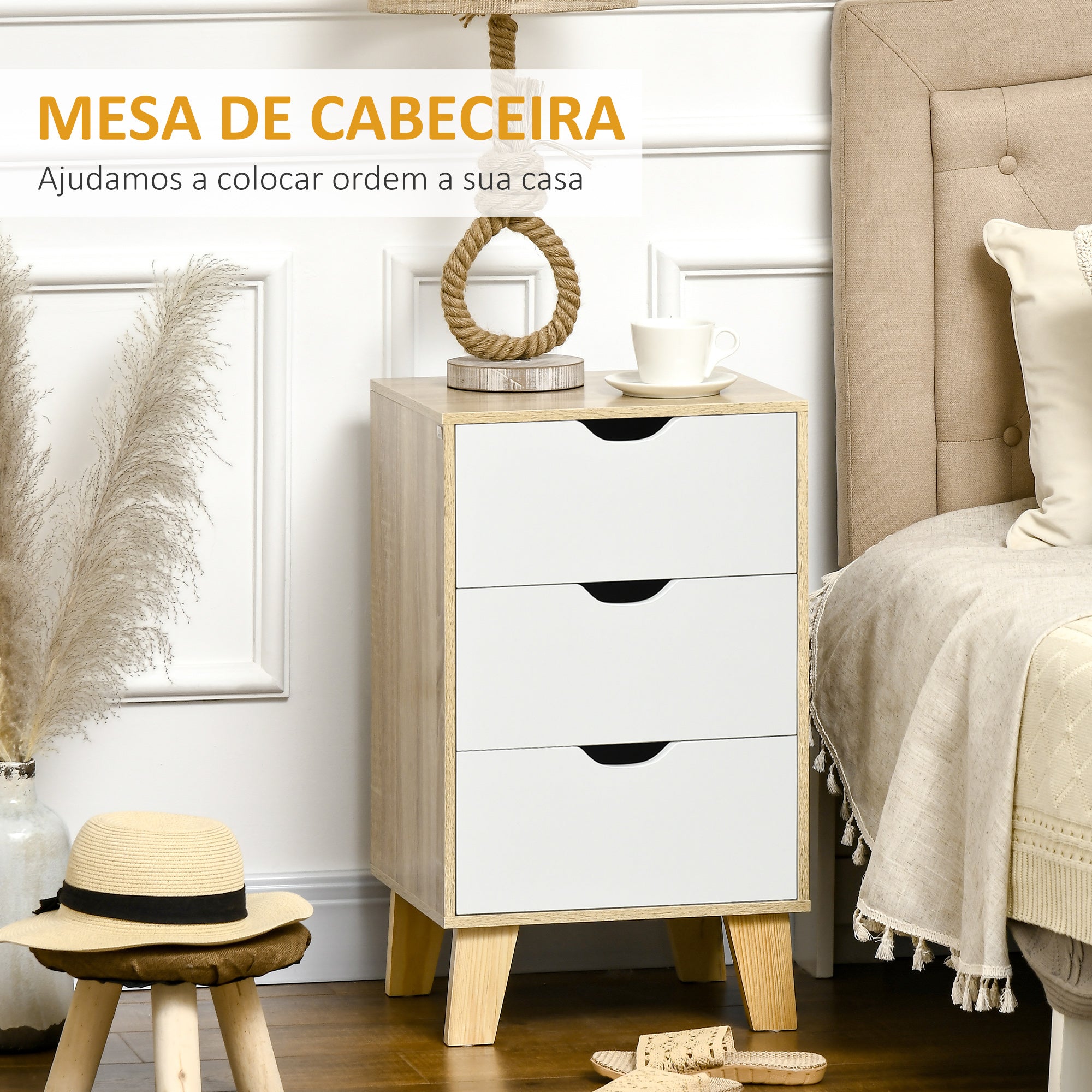 Mesa de Cabeceira 3 Gavetas 40x35x68.5cm Madeira e Branco