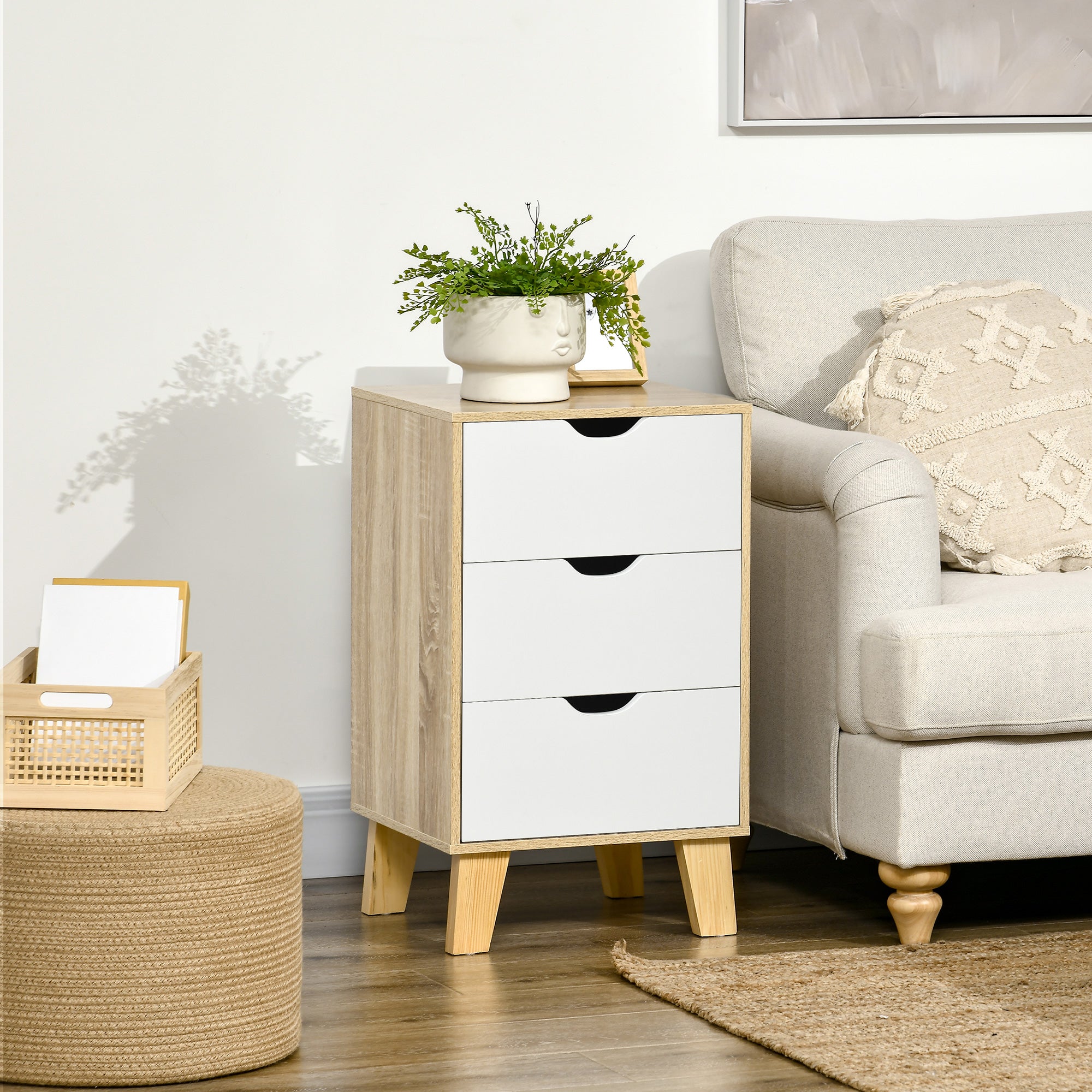 Mesa de Cabeceira 3 Gavetas 40x35x68.5cm Madeira e Branco