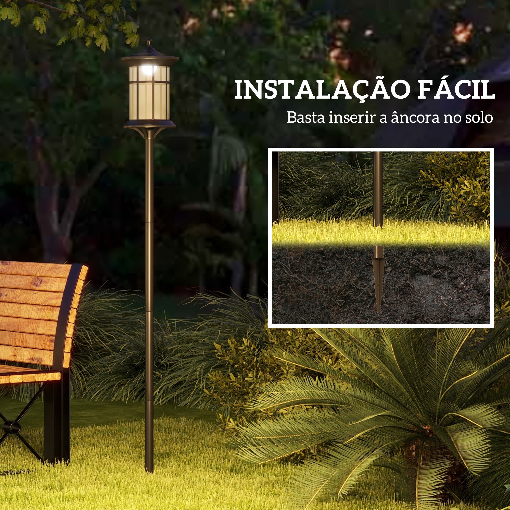 Candeeiro Solar de Exterior – 23,5x23,5x184 cm – Preto – Aço inoxidável e ABS