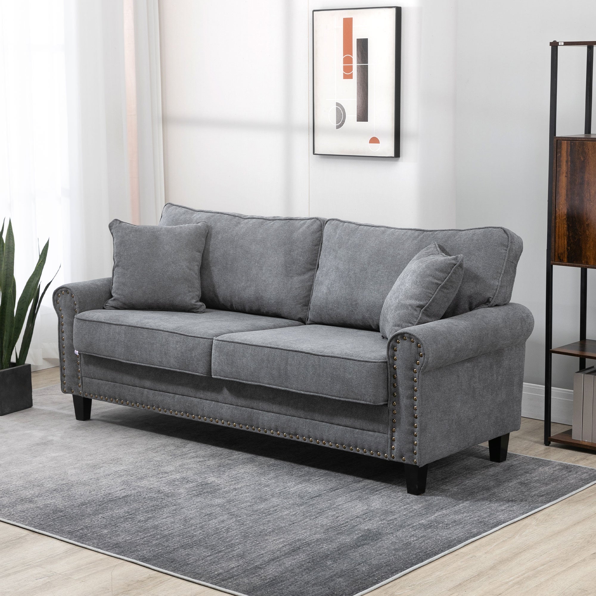 Sofá de 2 Lugares Cinzento 196x80,5x89cm em Poliéster com Almofadas Decorativas
