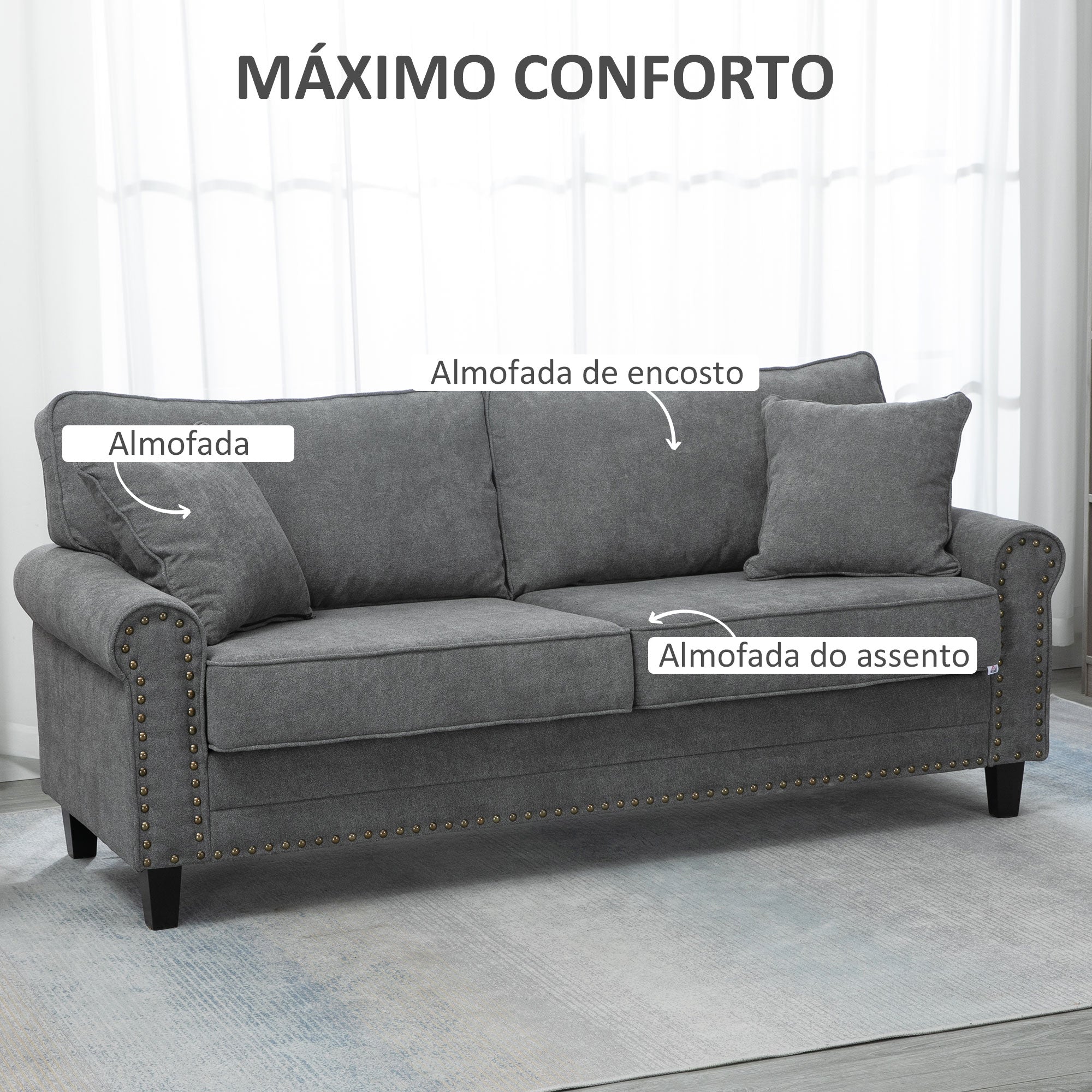 Sofá de 2 Lugares Cinzento 196x80,5x89cm em Poliéster com Almofadas Decorativas