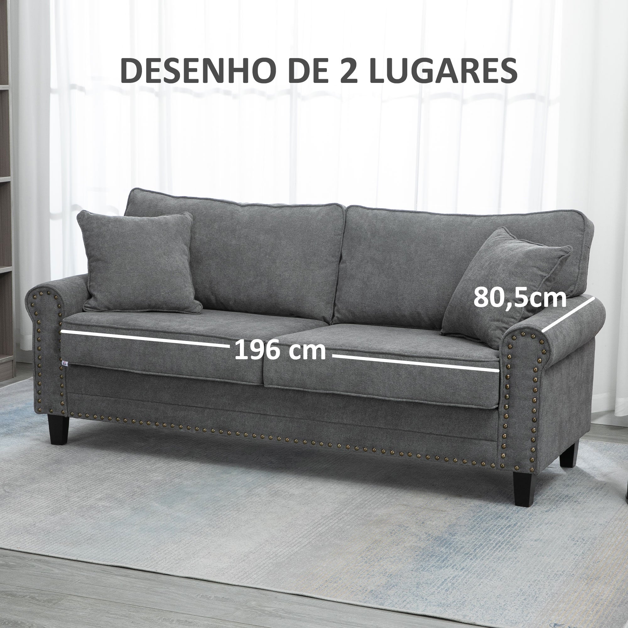 Sofá de 2 Lugares Cinzento 196x80,5x89cm em Poliéster com Almofadas Decorativas