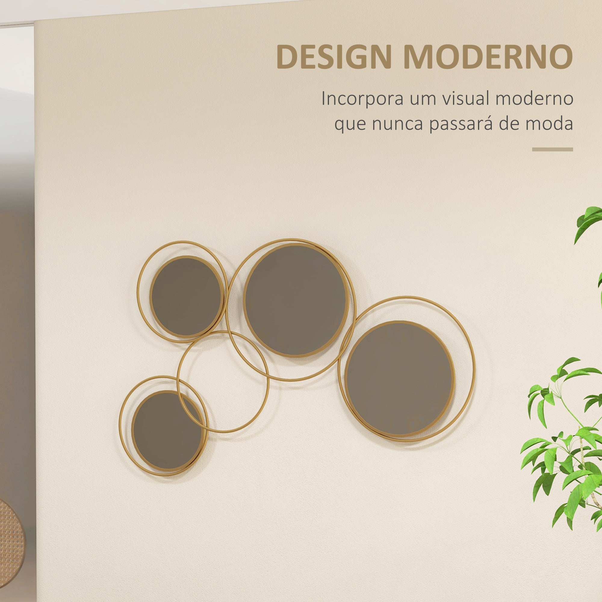 Espelho Decorativo de Parede 3D com 4 Espelhos Redondos - 110x68 cm - Cor Ouro
