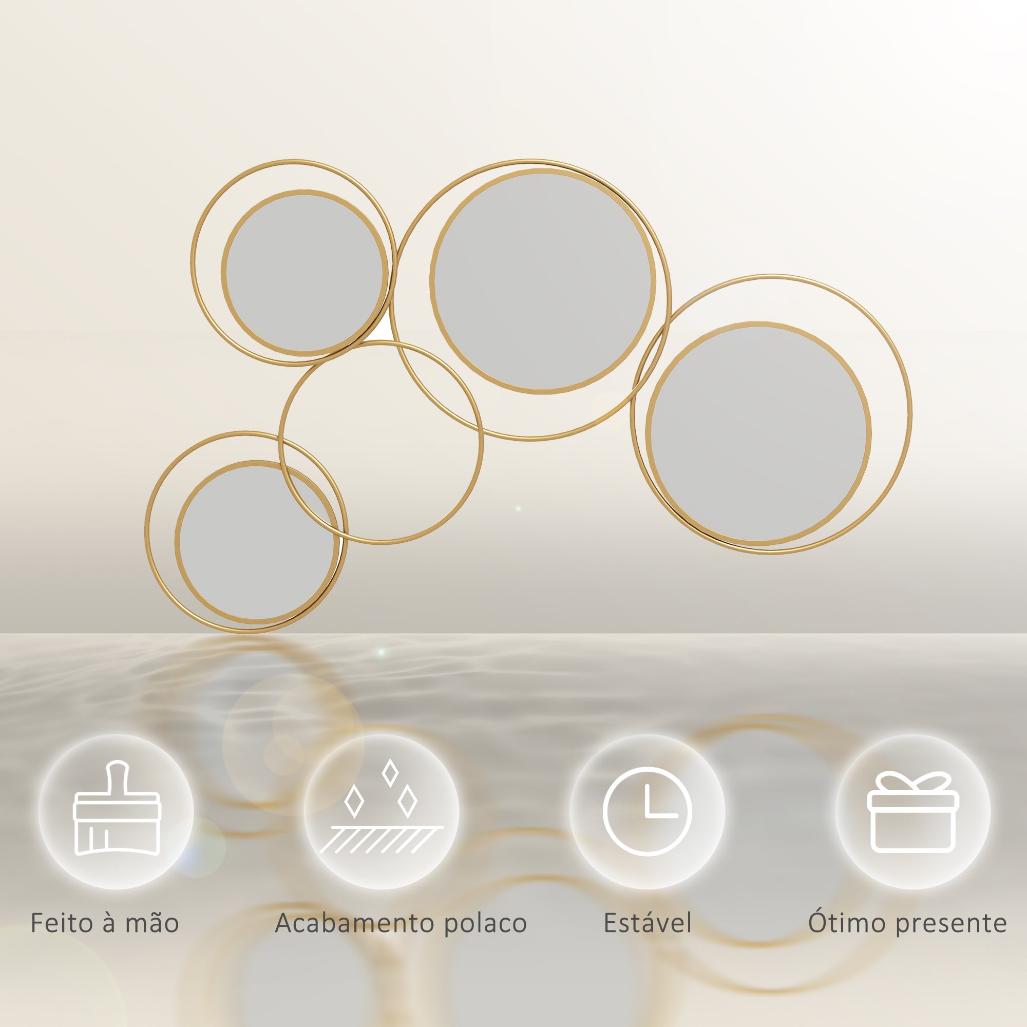 Espelho Decorativo de Parede 3D com 4 Espelhos Redondos - 110x68 cm - Cor Ouro