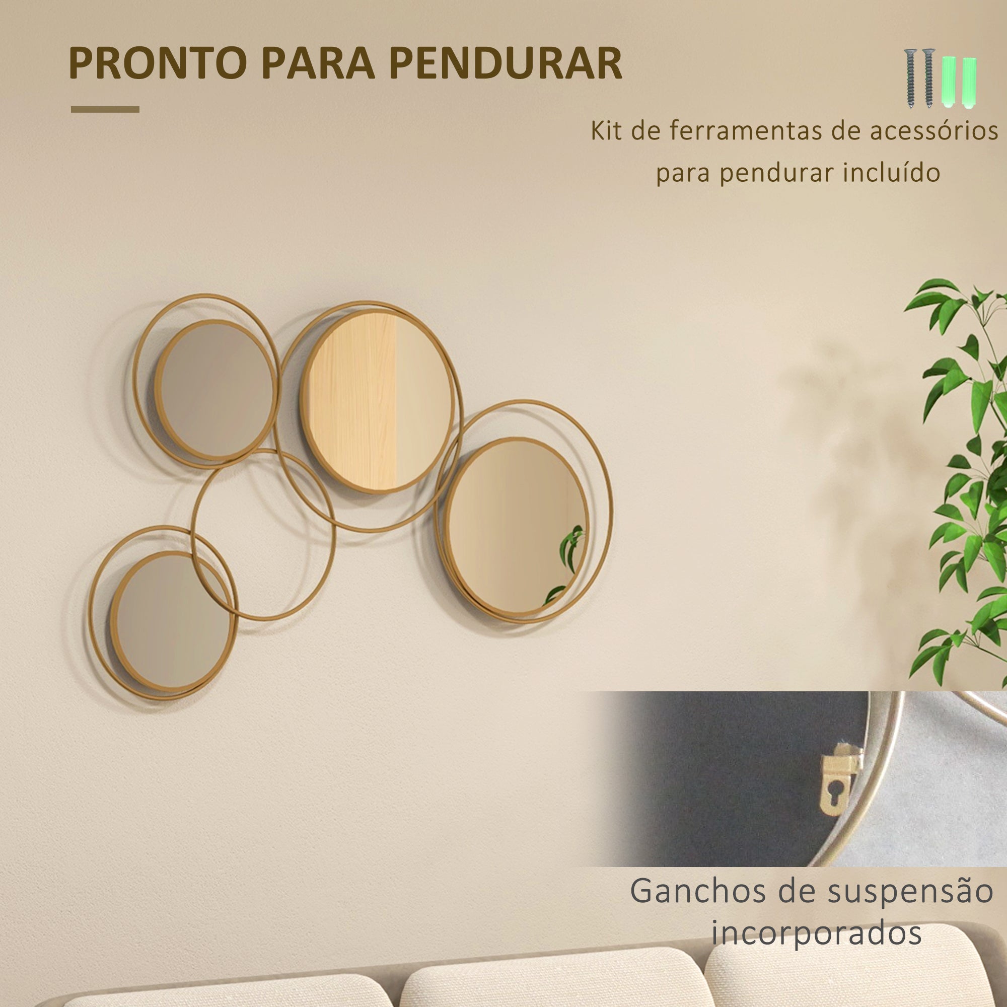 Espelho Decorativo de Parede 3D com 4 Espelhos Redondos - 110x68 cm - Cor Ouro