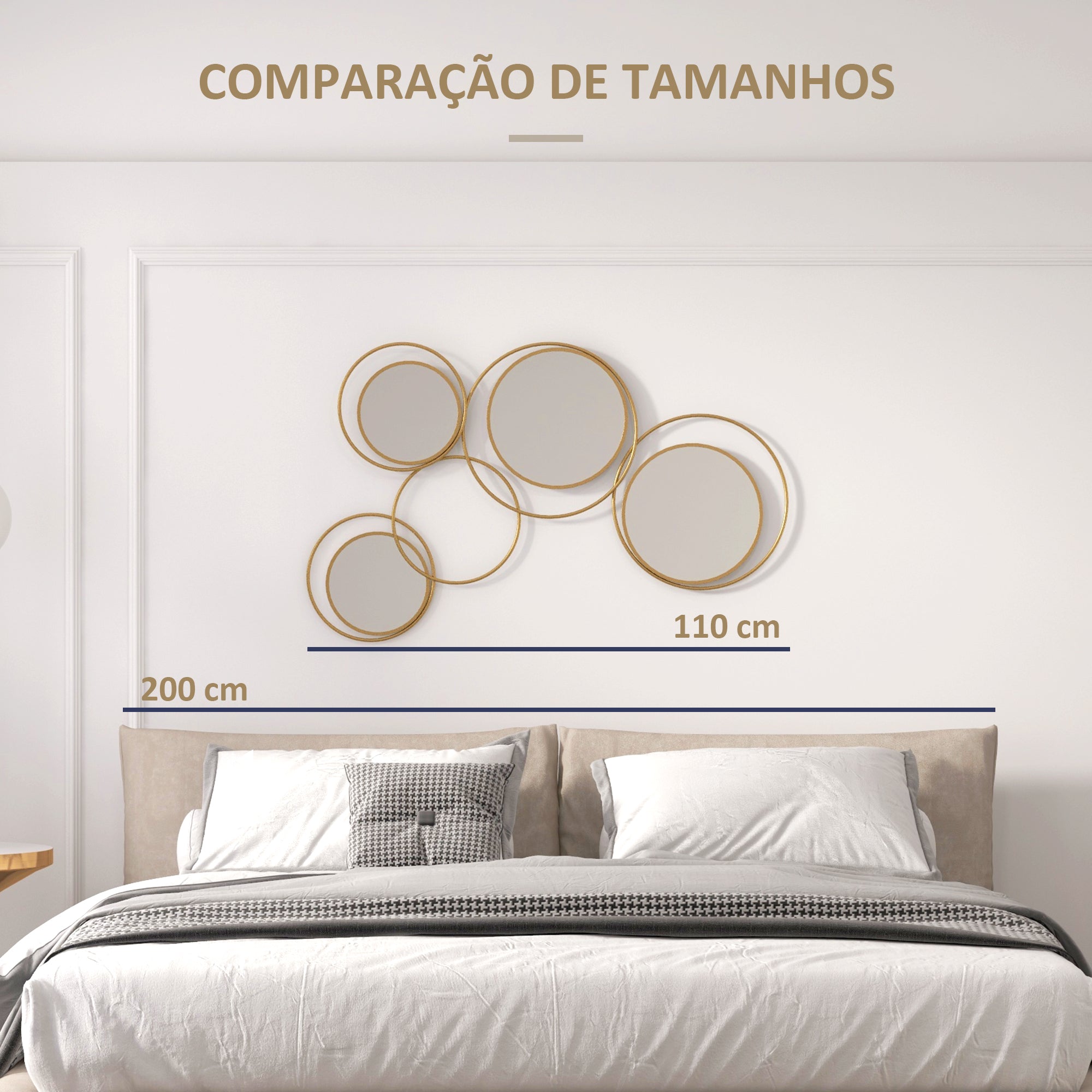 Espelho Decorativo de Parede 3D com 4 Espelhos Redondos - 110x68 cm - Cor Ouro