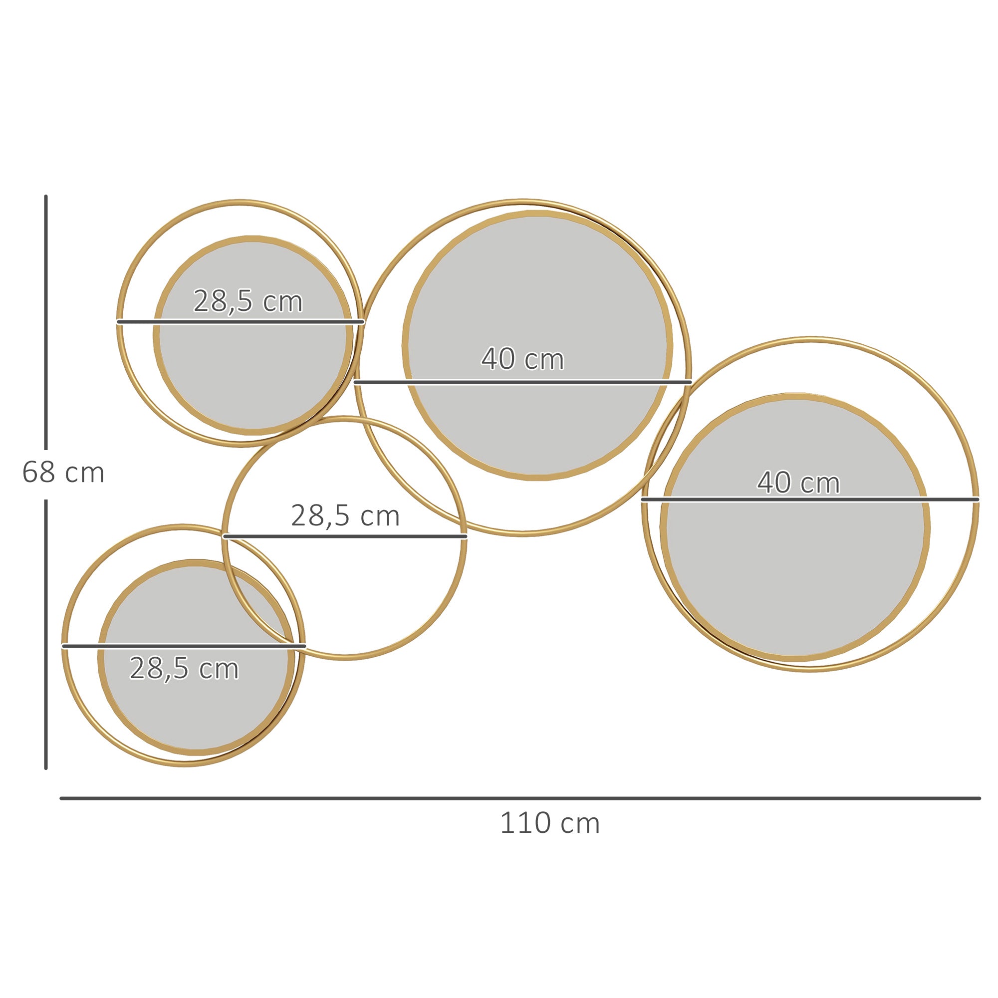 Espelho Decorativo de Parede 3D com 4 Espelhos Redondos - 110x68 cm - Cor Ouro