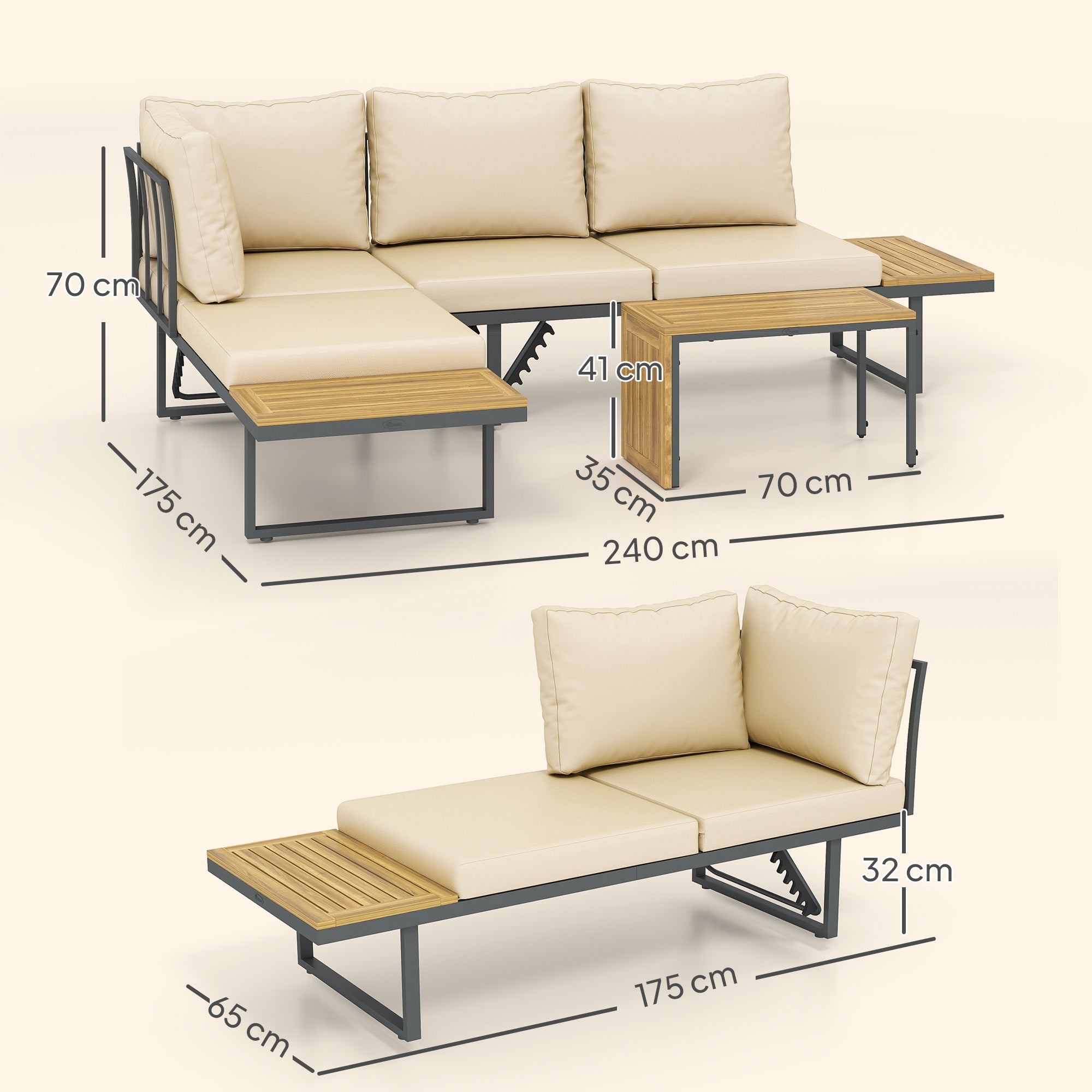 Conjunto de Móveis de Jardim Sofás de Exterior em Forma de L Bege 175x65x70 cm