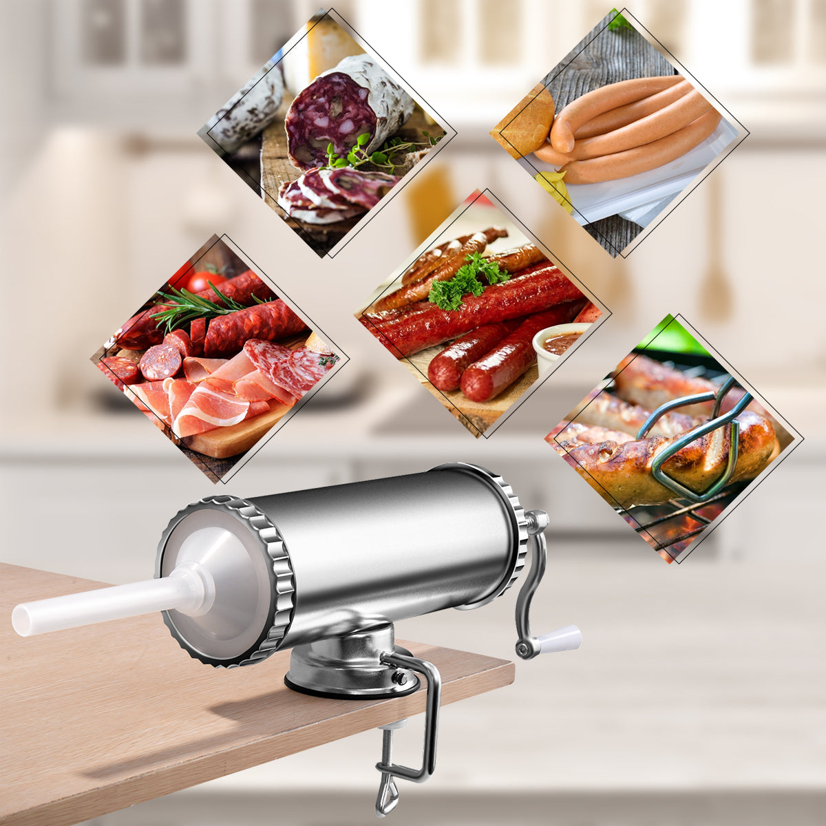 Embutidora de Salchichas Manual em Alumínio com Ventosa de Fixação e 3 Tubos de Diferentes Espessuras - 2,5kg