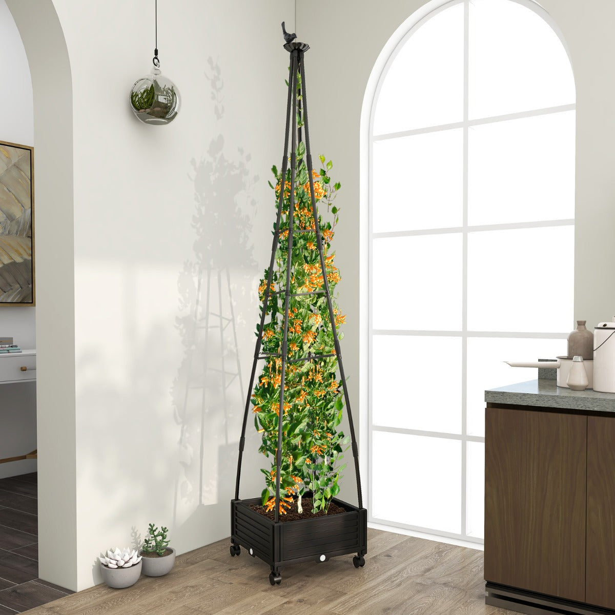 Suporte Alto para Plantas Trepadeiras com Enrejado e Sistema de Autodrenagem - Tamanho Ajustável - Rodas - 41 x 41 x 208 cm - Preto