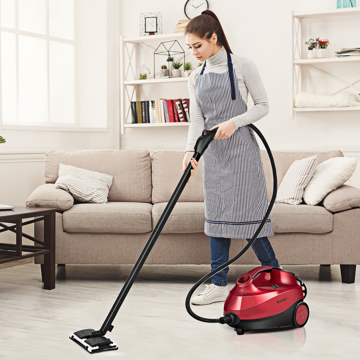 Vaporeta Limpiadora a Vapor 2000 W 1,5 L Presión 4 Bar con Cierre de Seguridad Apagamiento Automático para Alfombras y Suelos Rojo
