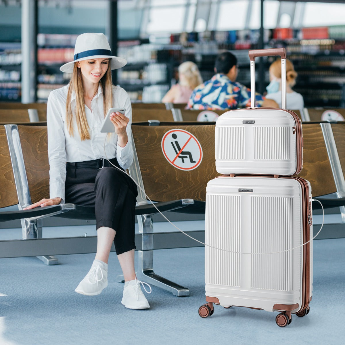 Conjunto de Bagagem de 2 Peças Mala de Mão de 20" e Estojo Cosmético de 14" com Porta USB Carcaça em PP com Fechadura - Branco