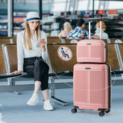 Conjunto de Bagagem de 2 Peças Mala de Mão de 20" e Estojo Cosmético de 14" com Porta USB Carcaça PP com Fechadura - Rosa