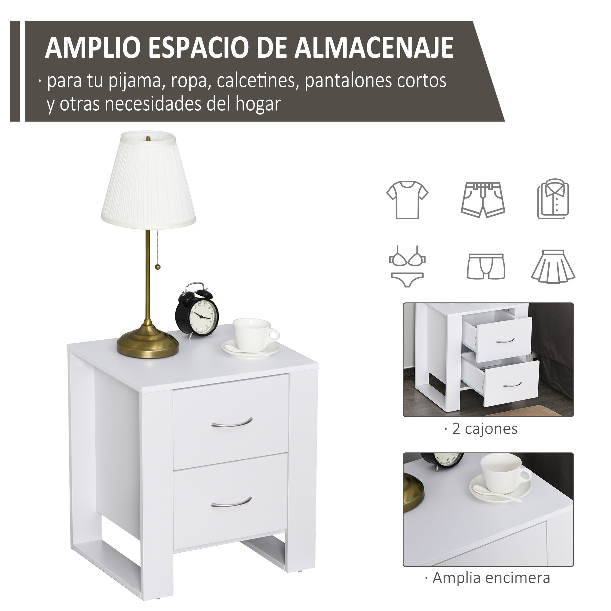 Mesa de Cabeceira com 2 Gavetas - 48x39x54cm - Branco