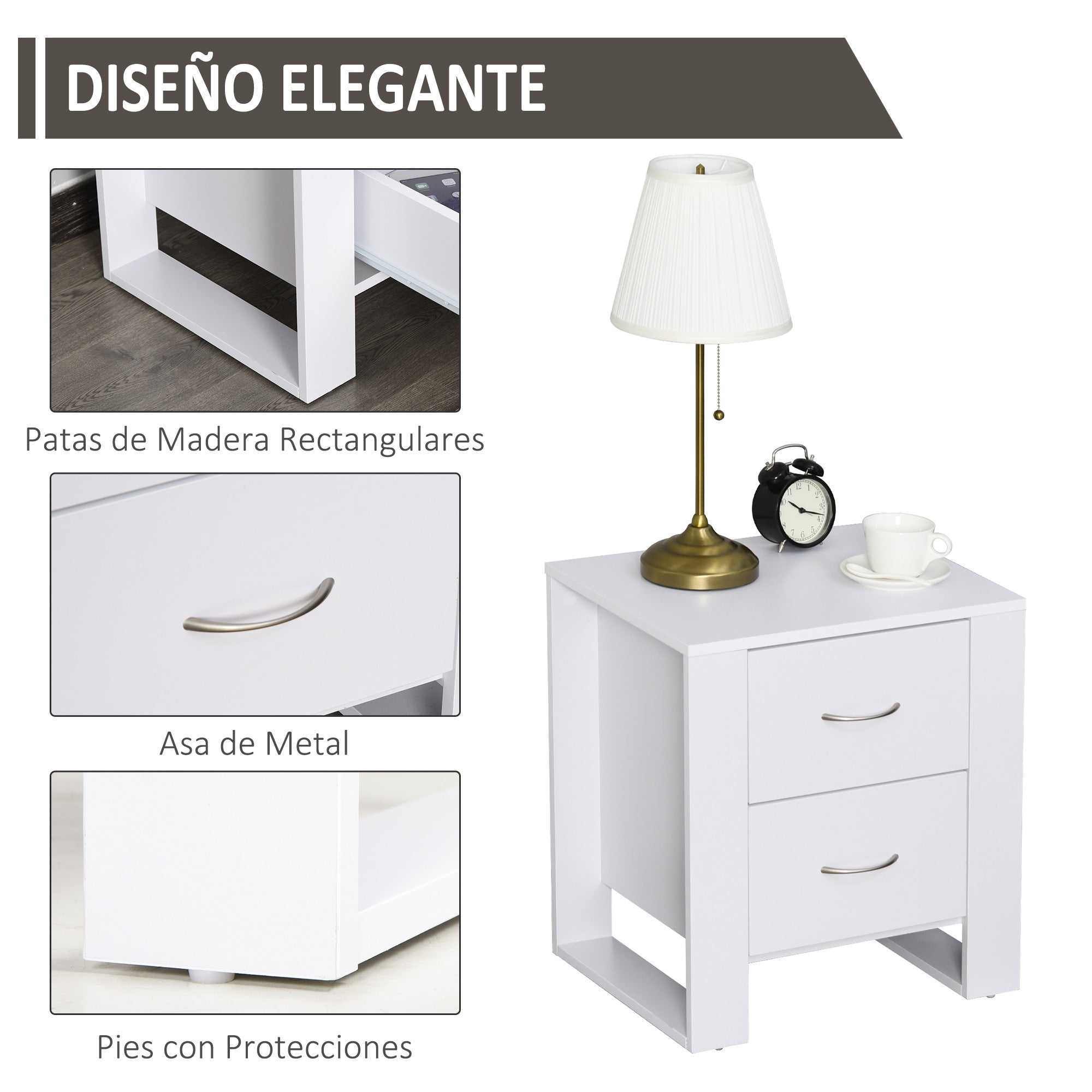 Mesa de Cabeceira com 2 Gavetas - 48x39x54cm - Branco