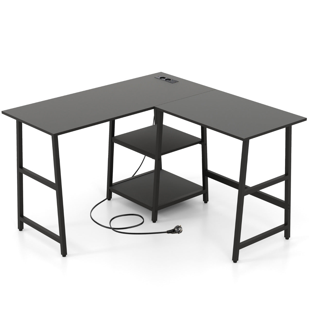 Escritório em Forma de L com Tomadas e Portas USB Escritório de Canto de 120cm com Prateleiras Estação de Trabalho Multiusos Preto