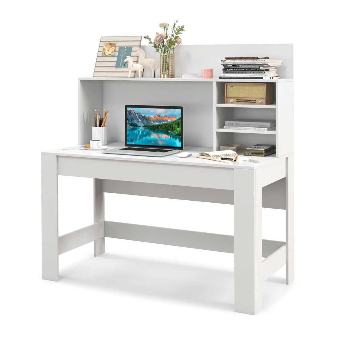 Escritório com Estante e Orifícios para Cabos Dispositivo Antivuelco Escritório de Computador para Casa e Escritório 120 x 54 x 129 cm Branco